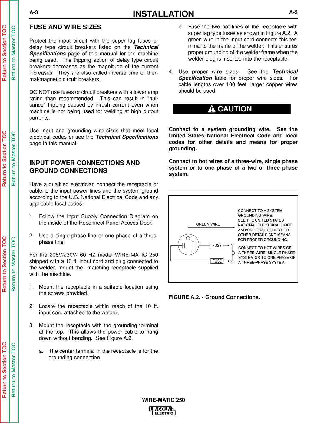 Lincoln Electric SVM 117-A service manual Fuse and Wire Sizes, Input Power Connections and Ground Connections 