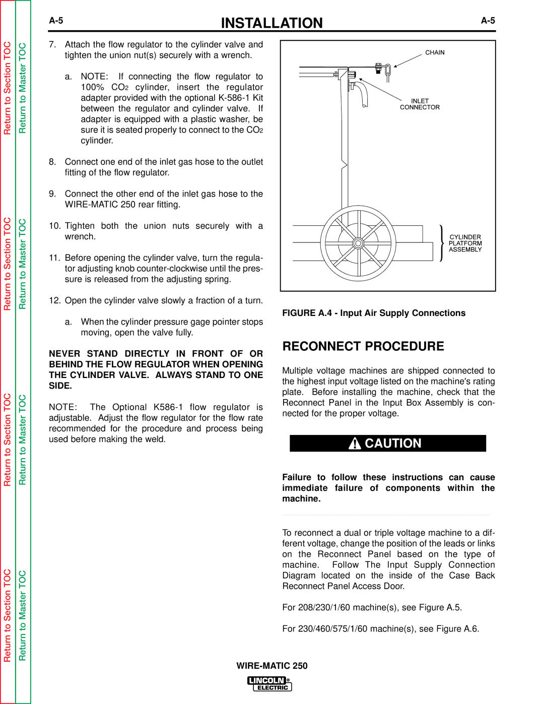 Lincoln Electric SVM 117-A service manual Reconnect Procedure, Figure A.4 Input Air Supply Connections 