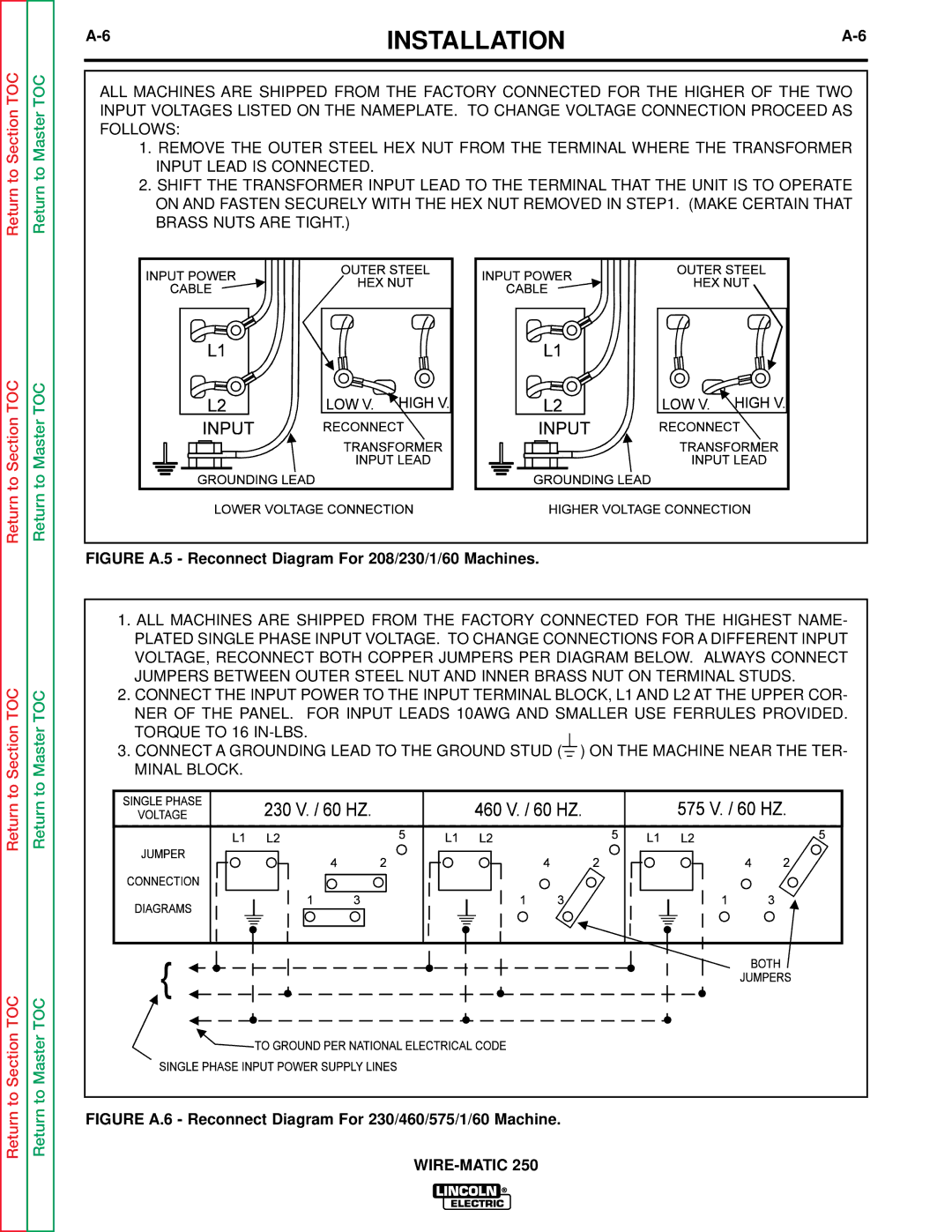 Lincoln Electric SVM 117-A service manual Figure A.5 Reconnect Diagram For 208/230/1/60 Machines 