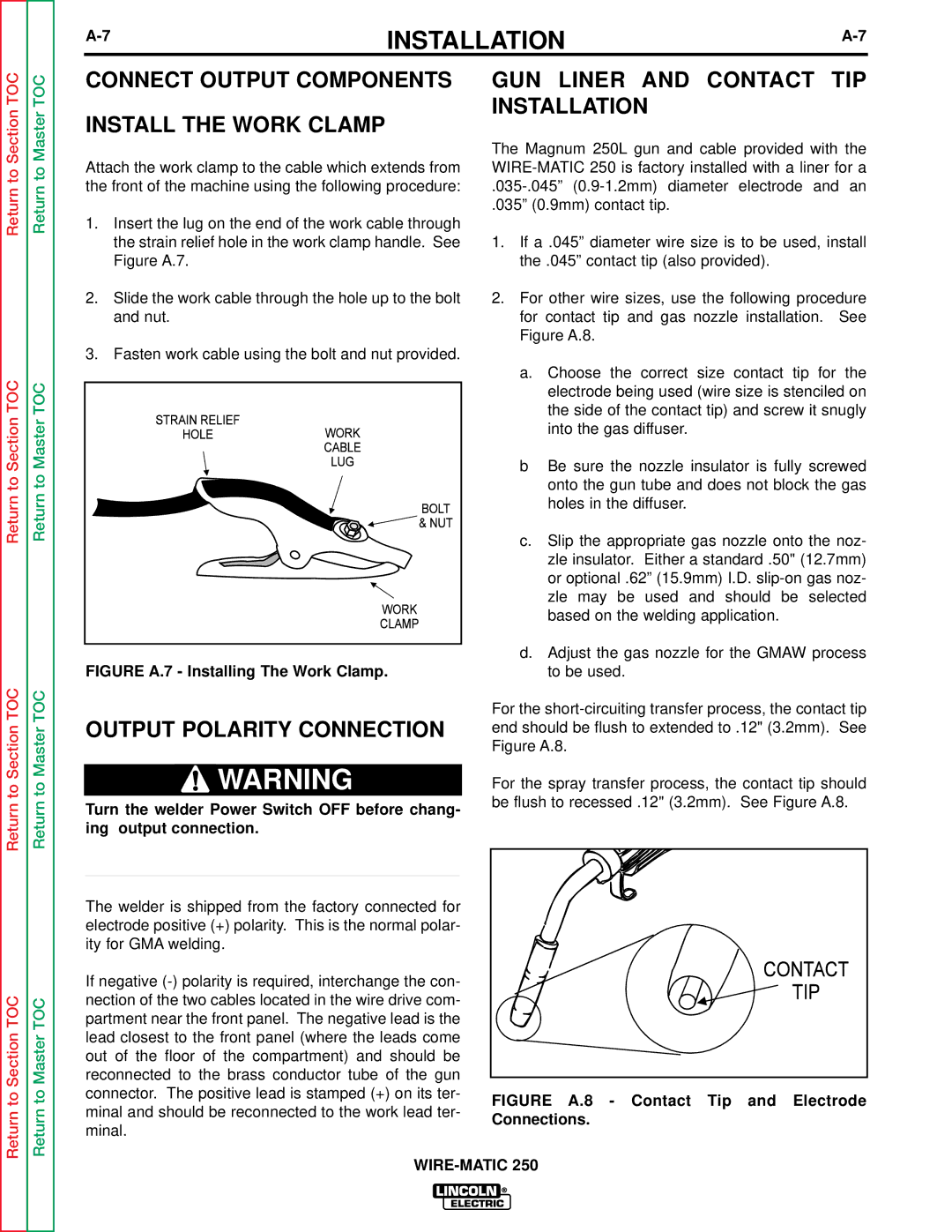 Lincoln Electric SVM 117-A Connect Output Components GUN Liner and Contact, Installation, Install the Work Clamp 