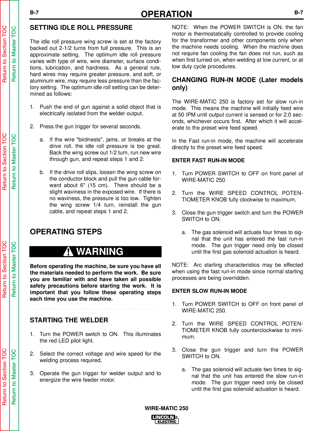 Lincoln Electric SVM 117-A service manual Operating Steps, Setting Idle Roll Pressure, Starting the Welder 