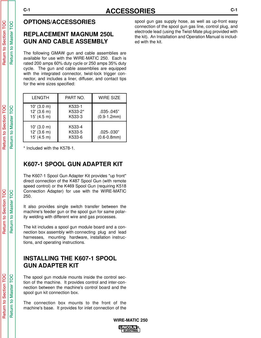 Lincoln Electric SVM 117-A service manual Options/Accessories, Installing the K607-1 Spool GUN Adapter KIT 