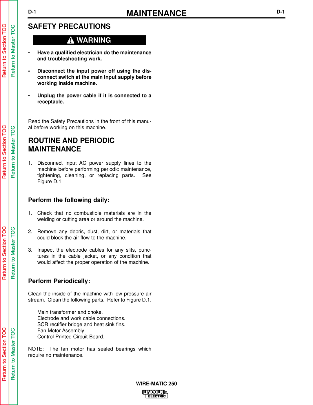 Lincoln Electric SVM 117-A service manual Routine and Periodic Maintenance, Perform the following daily 