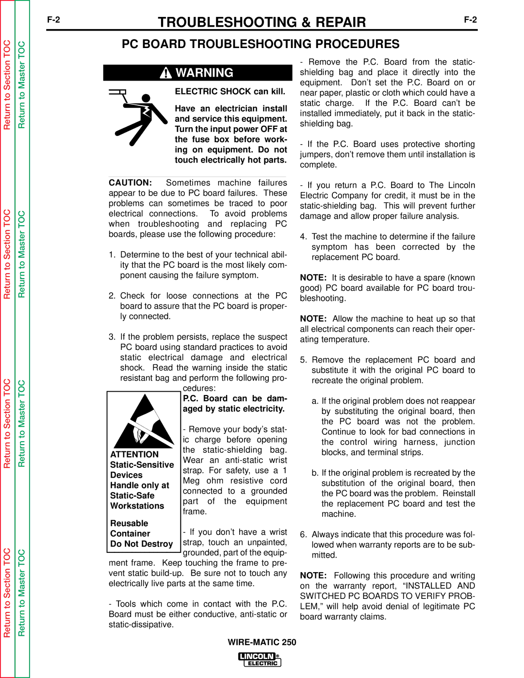 Lincoln Electric SVM 117-A service manual PC Board Troubleshooting Procedures, Electric Shock can kill 