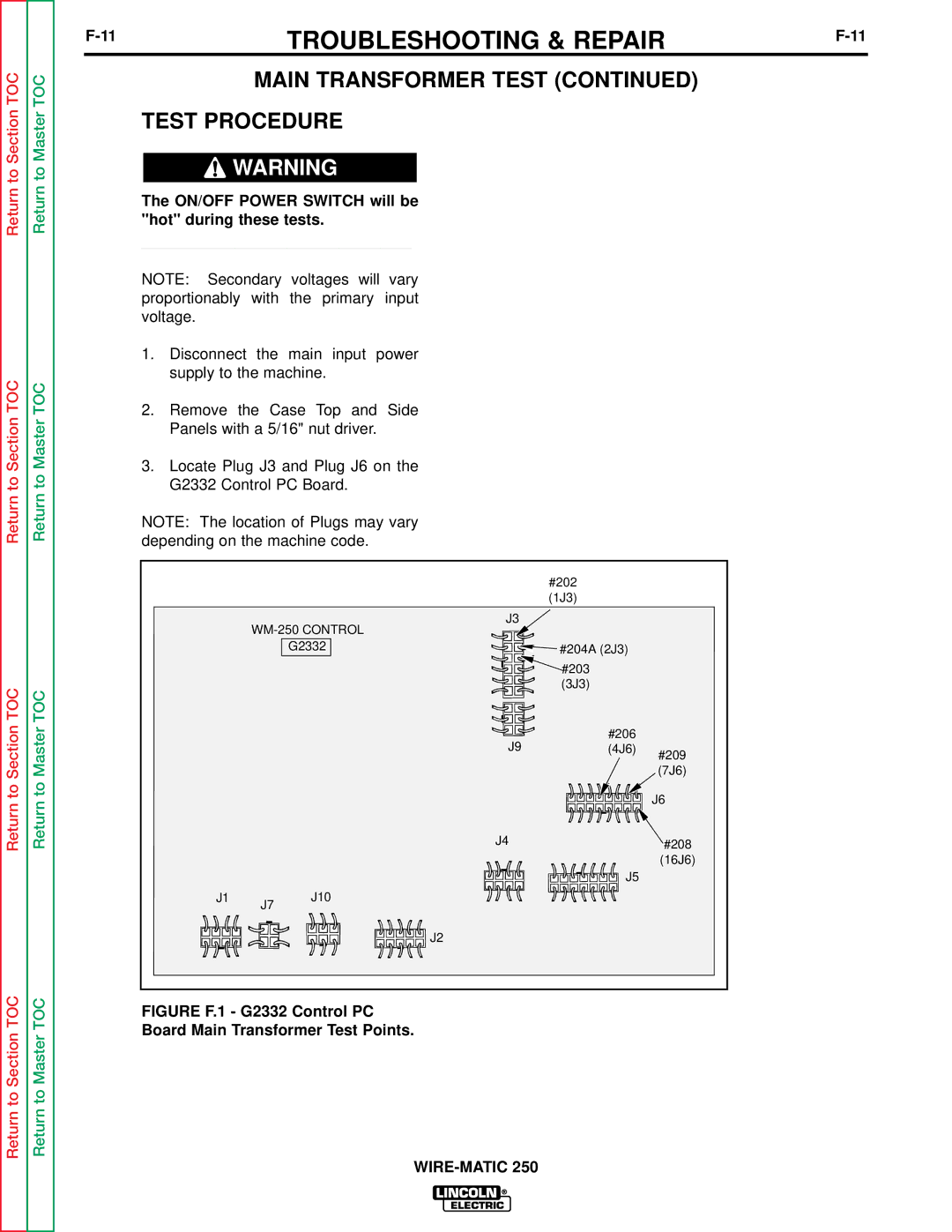 Lincoln Electric SVM 117-A Main Transformer Test Test Procedure, ON/OFF Power Switch will be hot during these tests 