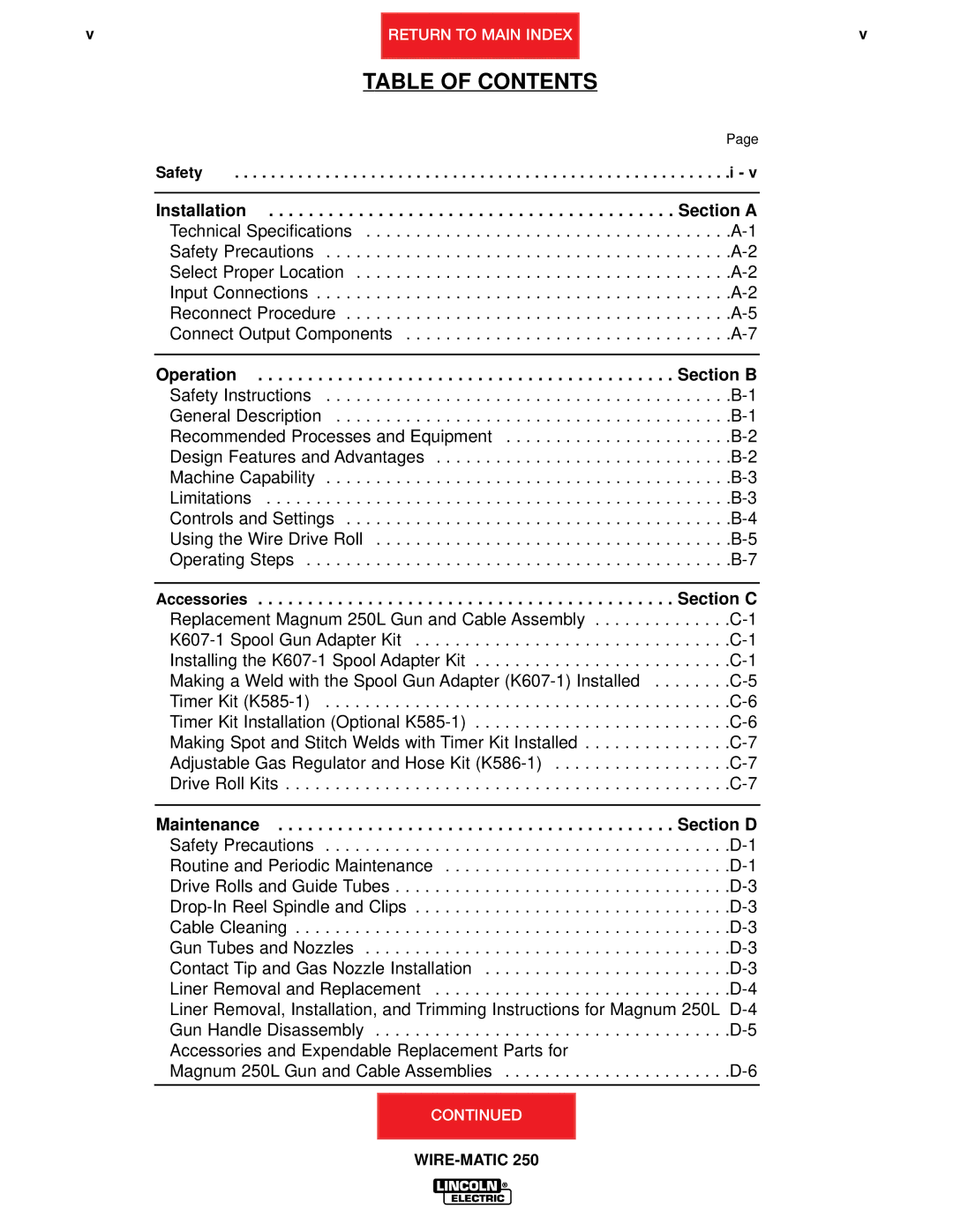 Lincoln Electric SVM 117-A service manual Table of Contents 