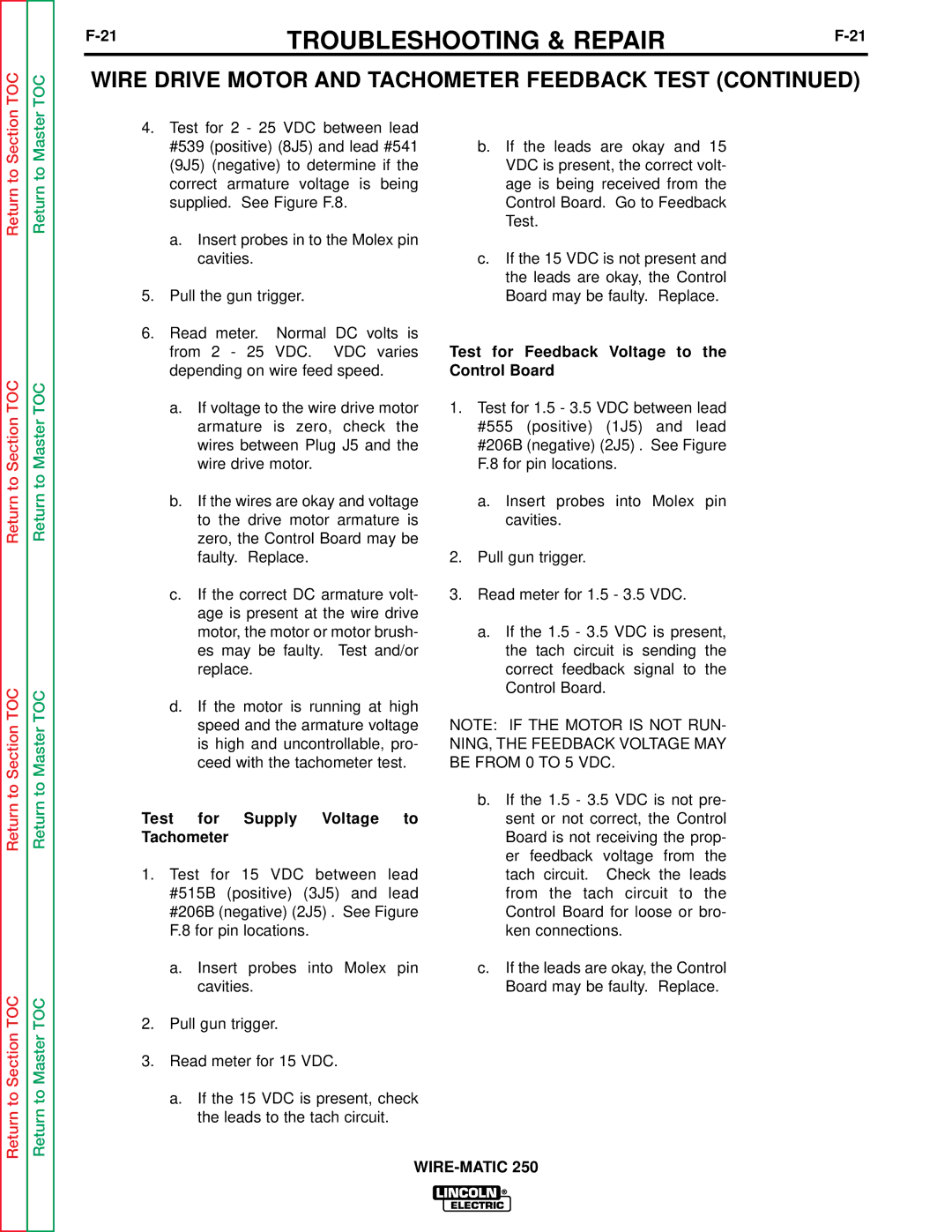 Lincoln Electric SVM 117-A Test for Supply Voltage to Tachometer, Test for Feedback Voltage to the Control Board 