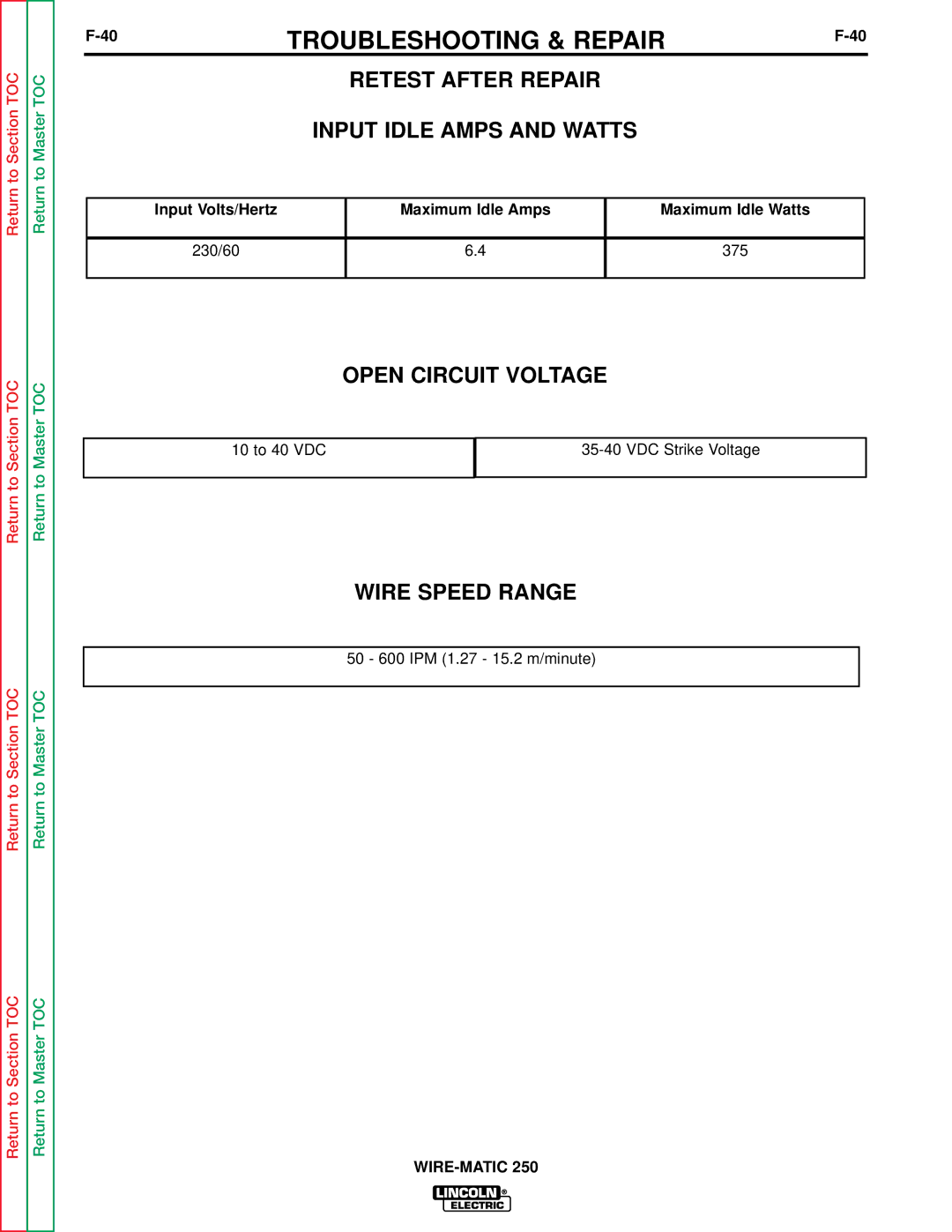 Lincoln Electric SVM 117-A service manual Open Circuit Voltage, Wire Speed Range, Input Volts/Hertz, 230/60 375 