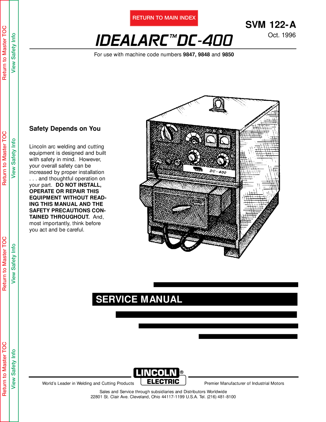 Lincoln Electric SVM 122-A service manual Idealarc TMDC-400, Safety Depends on You 