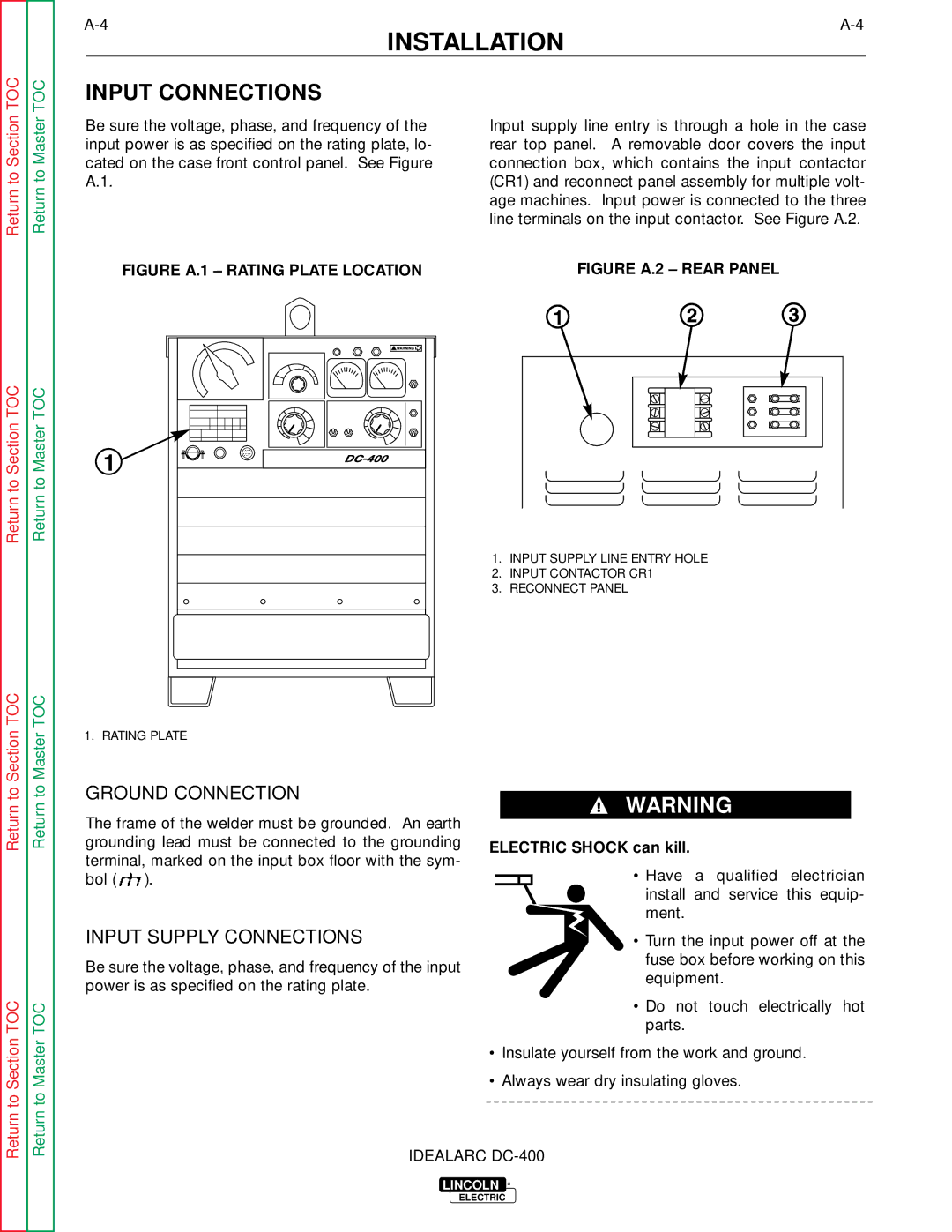 Lincoln Electric SVM 122-A Input Connections, Ground Connection, Input Supply Connections, Electric Shock can kill 