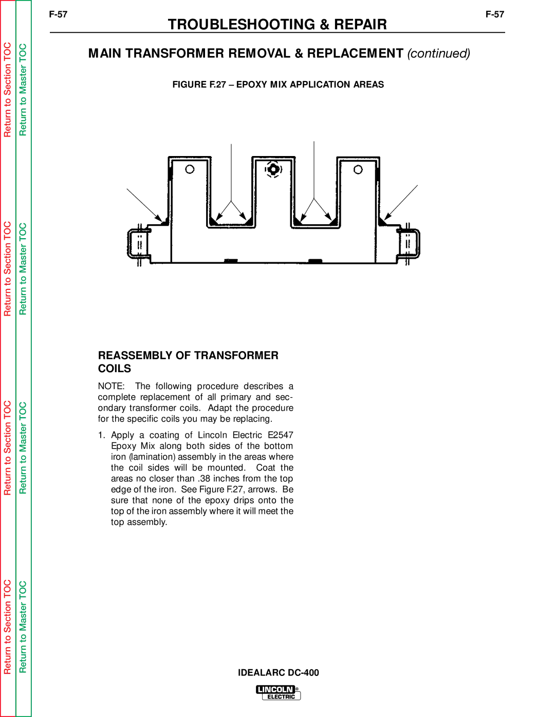 Lincoln Electric SVM 122-A service manual Reassembly of Transformer Coils, Figure F.27 Epoxy MIX Application Areas 