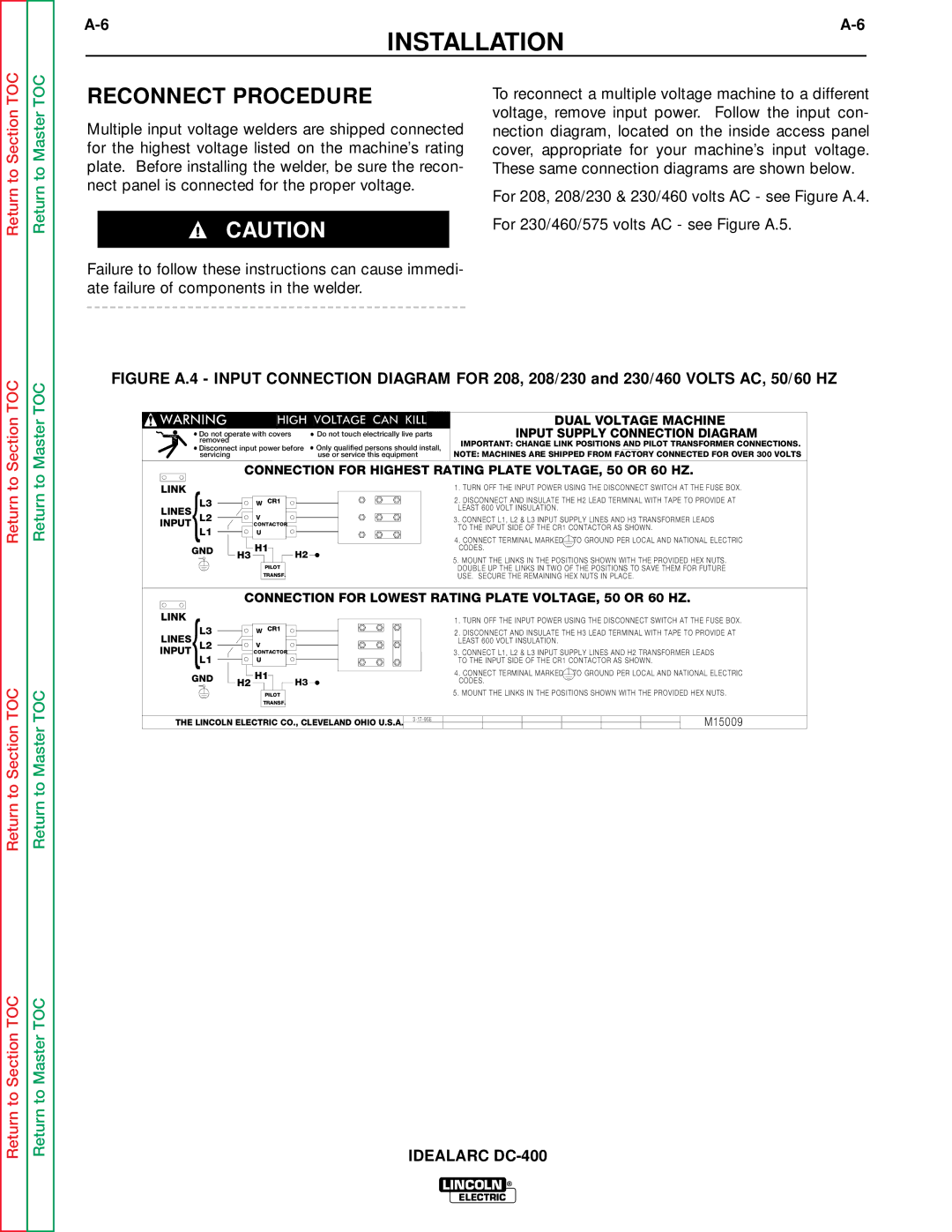 Lincoln Electric SVM 122-A service manual Reconnect Procedure, Input Supply Connection Diagram 