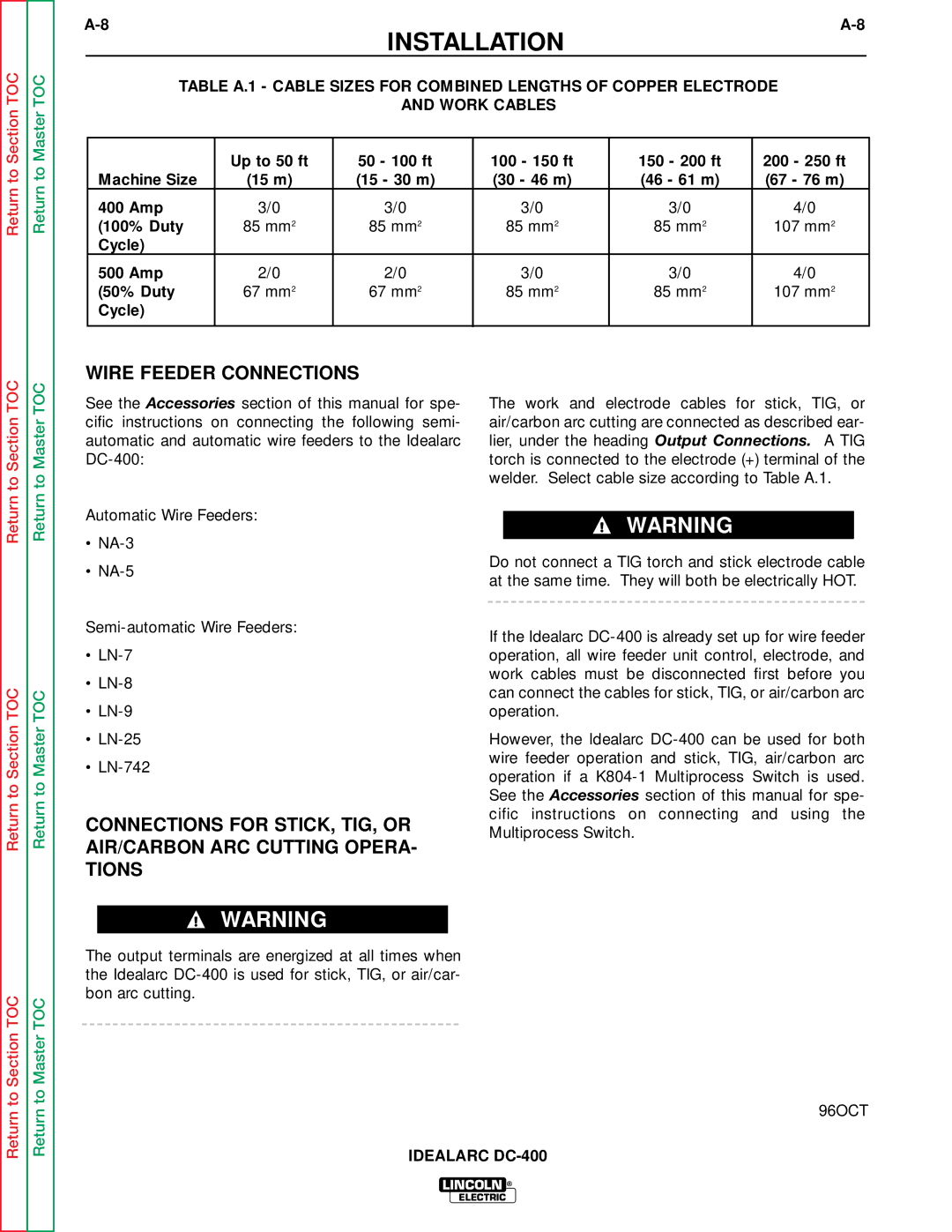 Lincoln Electric SVM 122-A service manual Wire Feeder Connections, Cycle 500 Amp 50% Duty 