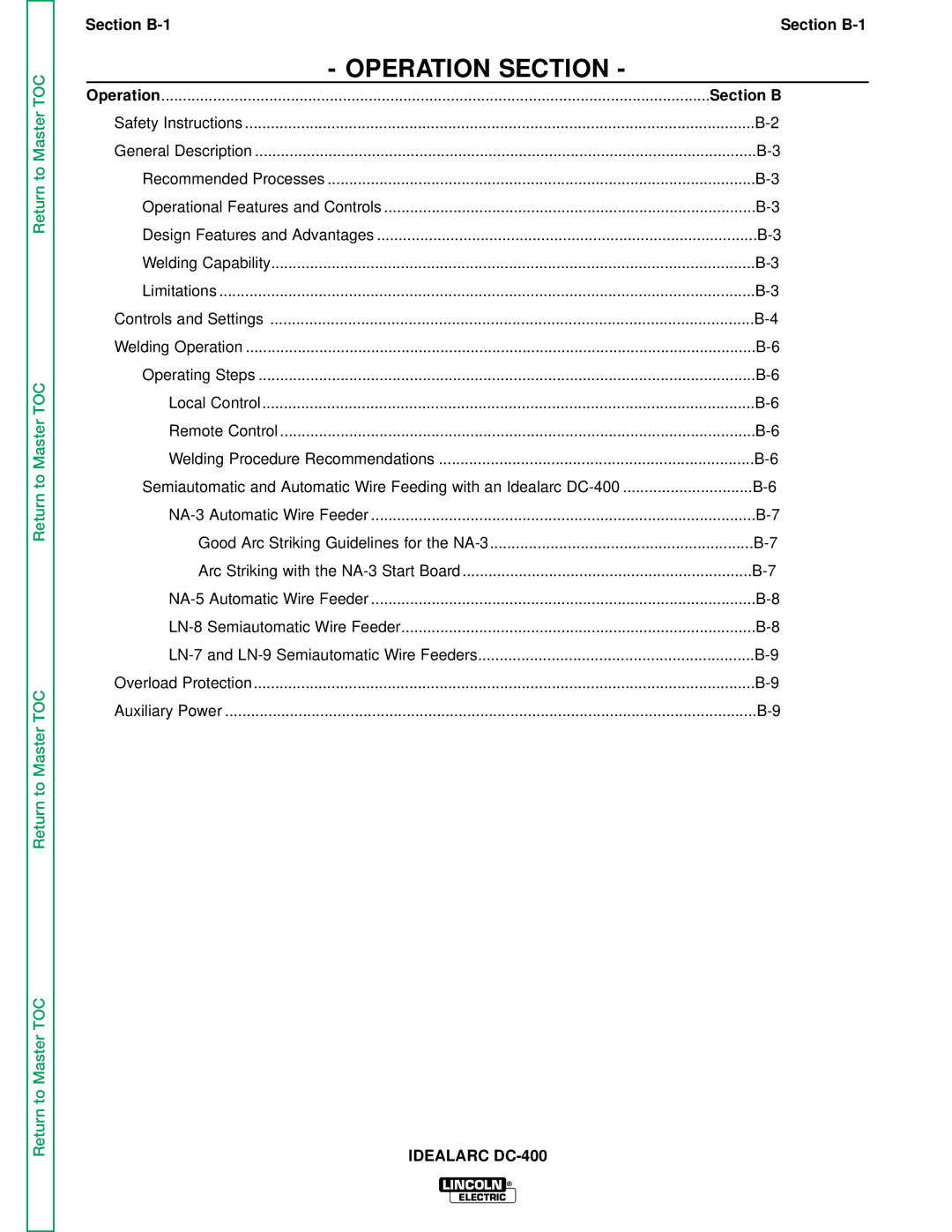 Lincoln Electric SVM 122-A service manual Operation Section, Section B 