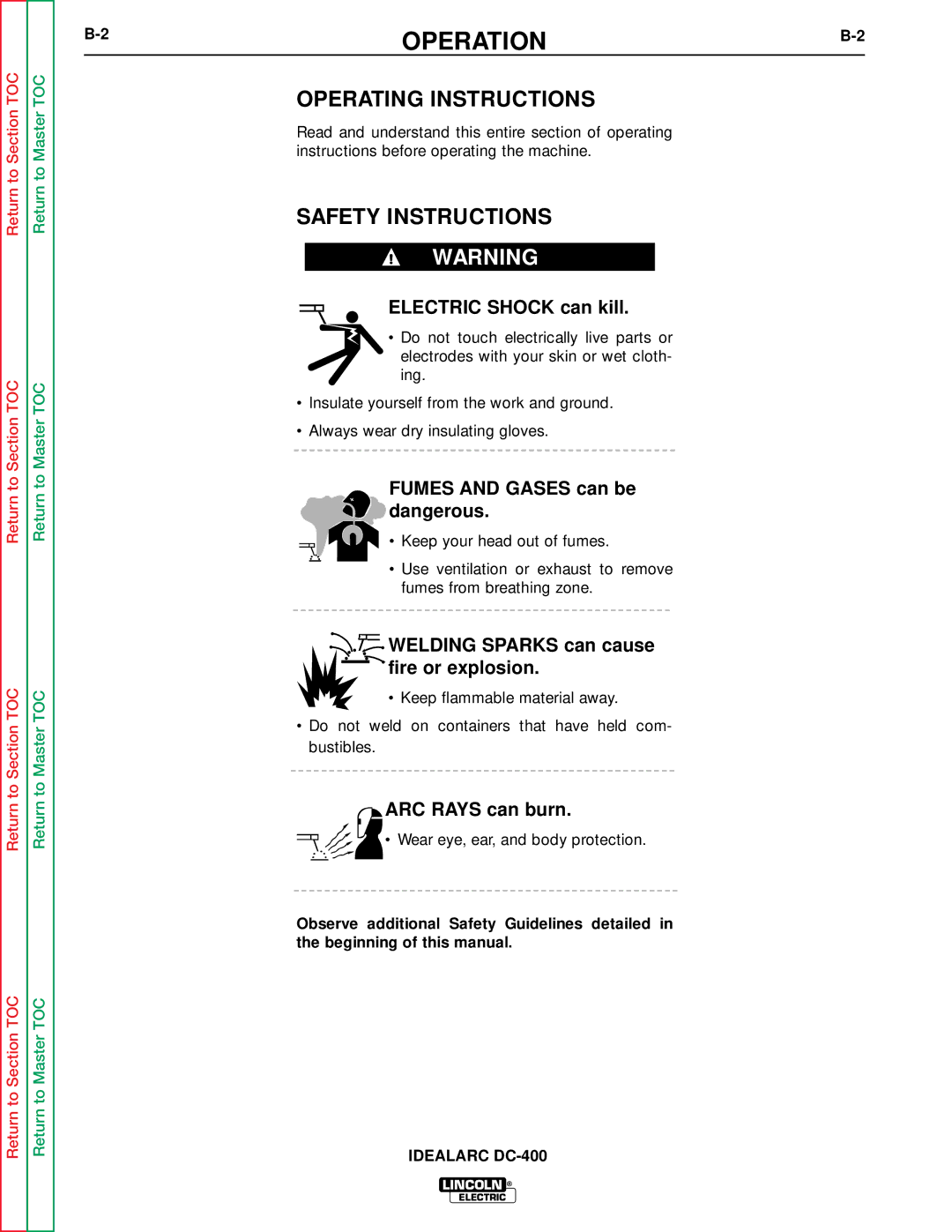 Lincoln Electric SVM 122-A service manual OPERATIONB-2, Operating Instructions, Safety Instructions 