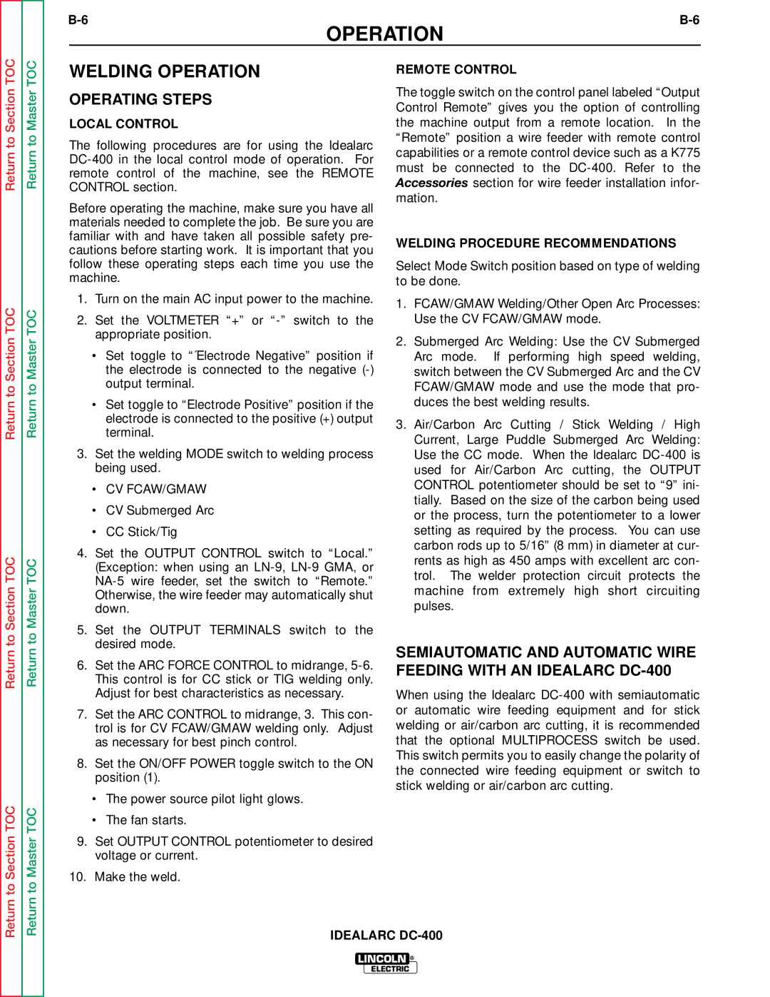 Lincoln Electric SVM 122-A service manual Welding Operation, Operating Steps, Local Control, Remote Control 