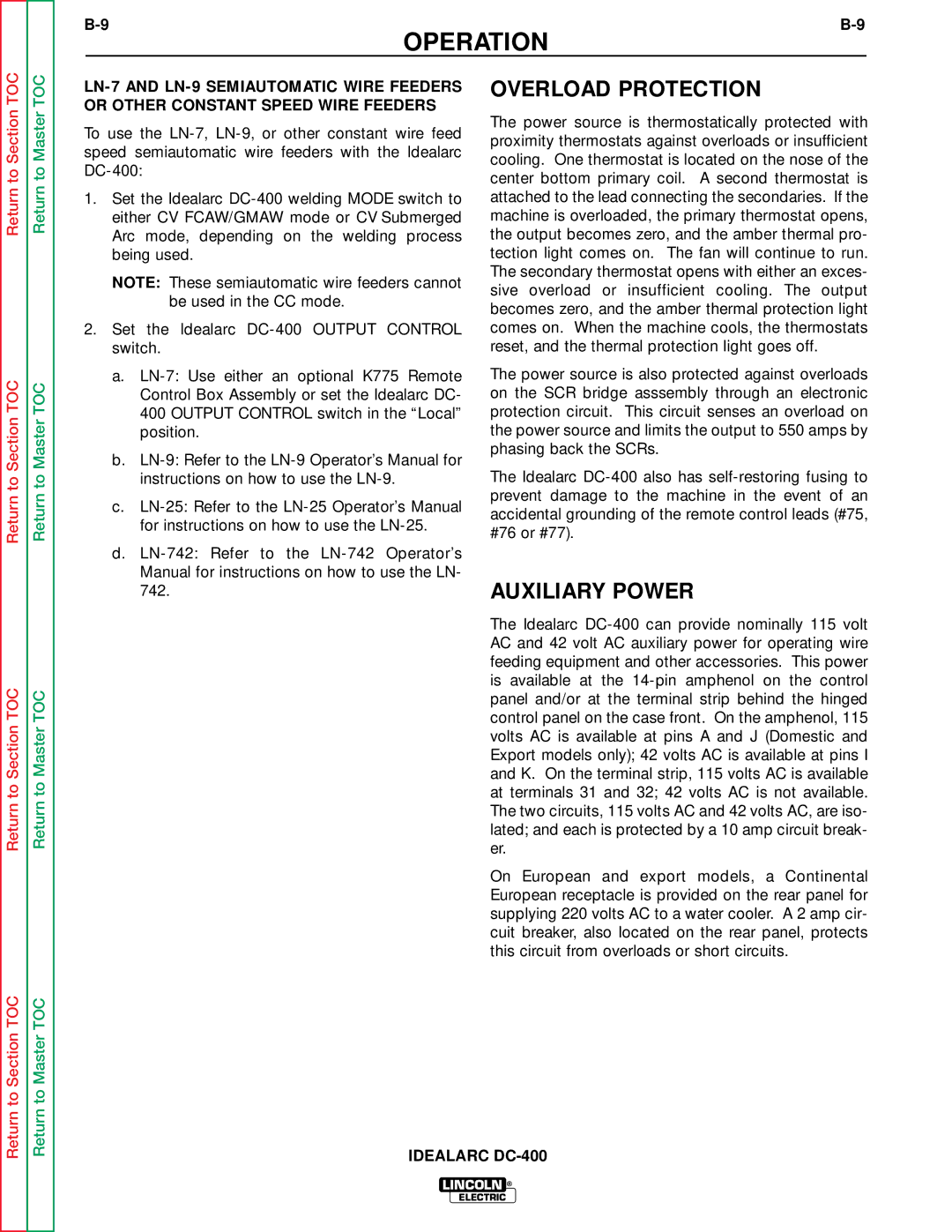 Lincoln Electric SVM 122-A service manual Overload Protection, Auxiliary Power 