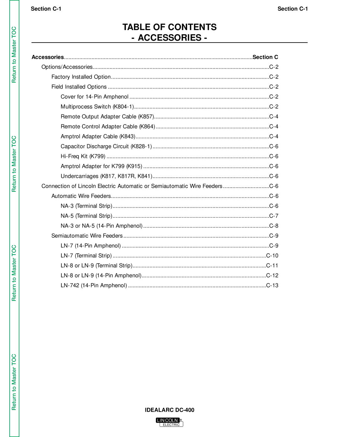 Lincoln Electric SVM 122-A service manual Table of Contents Accessories 