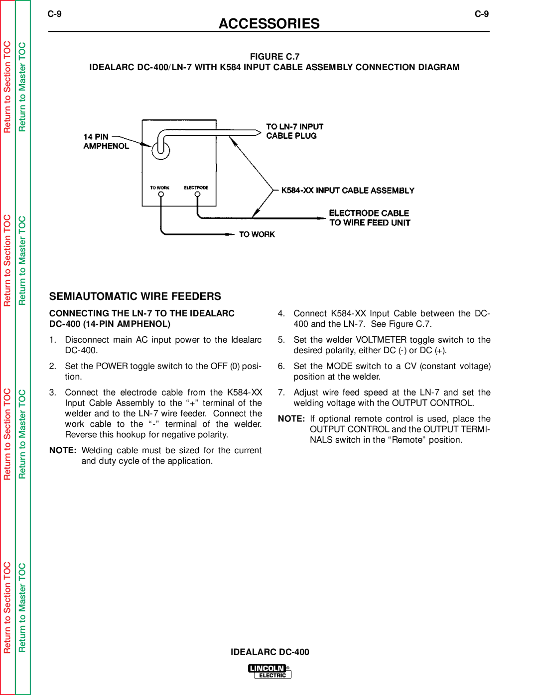 Lincoln Electric SVM 122-A Semiautomatic Wire Feeders, Connecting the LN-7 to the Idealarc DC-400 14-PIN Amphenol 