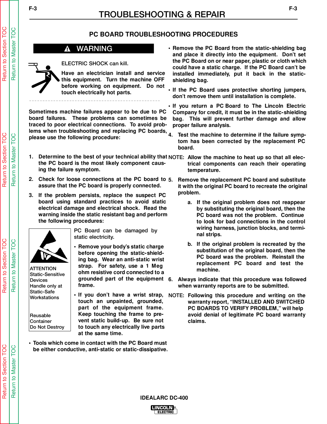 Lincoln Electric SVM 122-A PC Board Troubleshooting Procedures, PC Board can be damaged by static electricity 