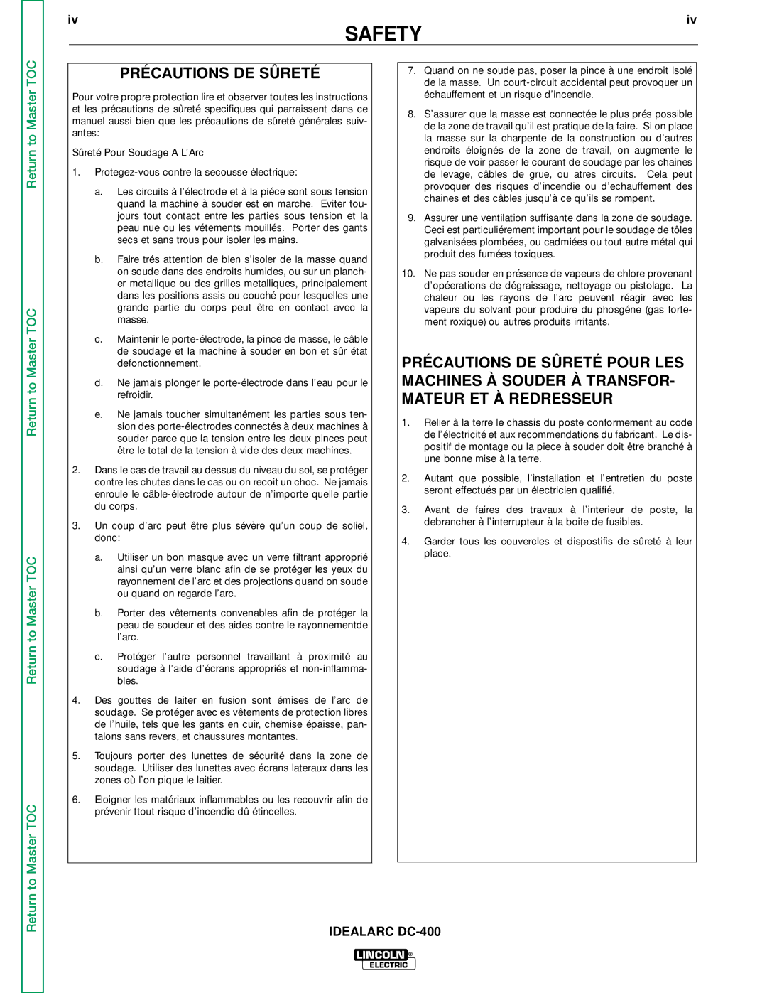 Lincoln Electric SVM 122-A service manual Précautions DE Sûreté 