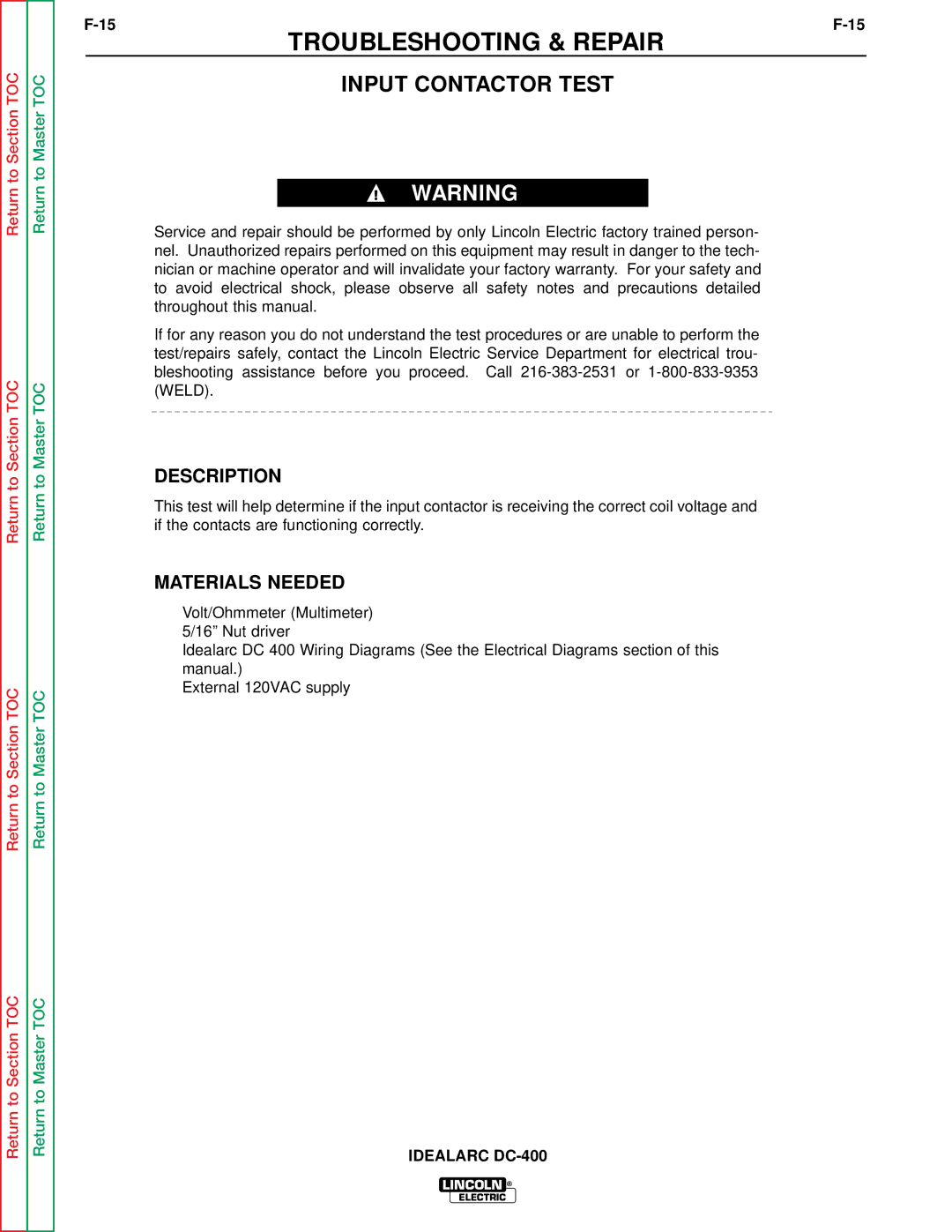 Lincoln Electric SVM 122-A service manual Input Contactor Test, Description, Materials Needed 