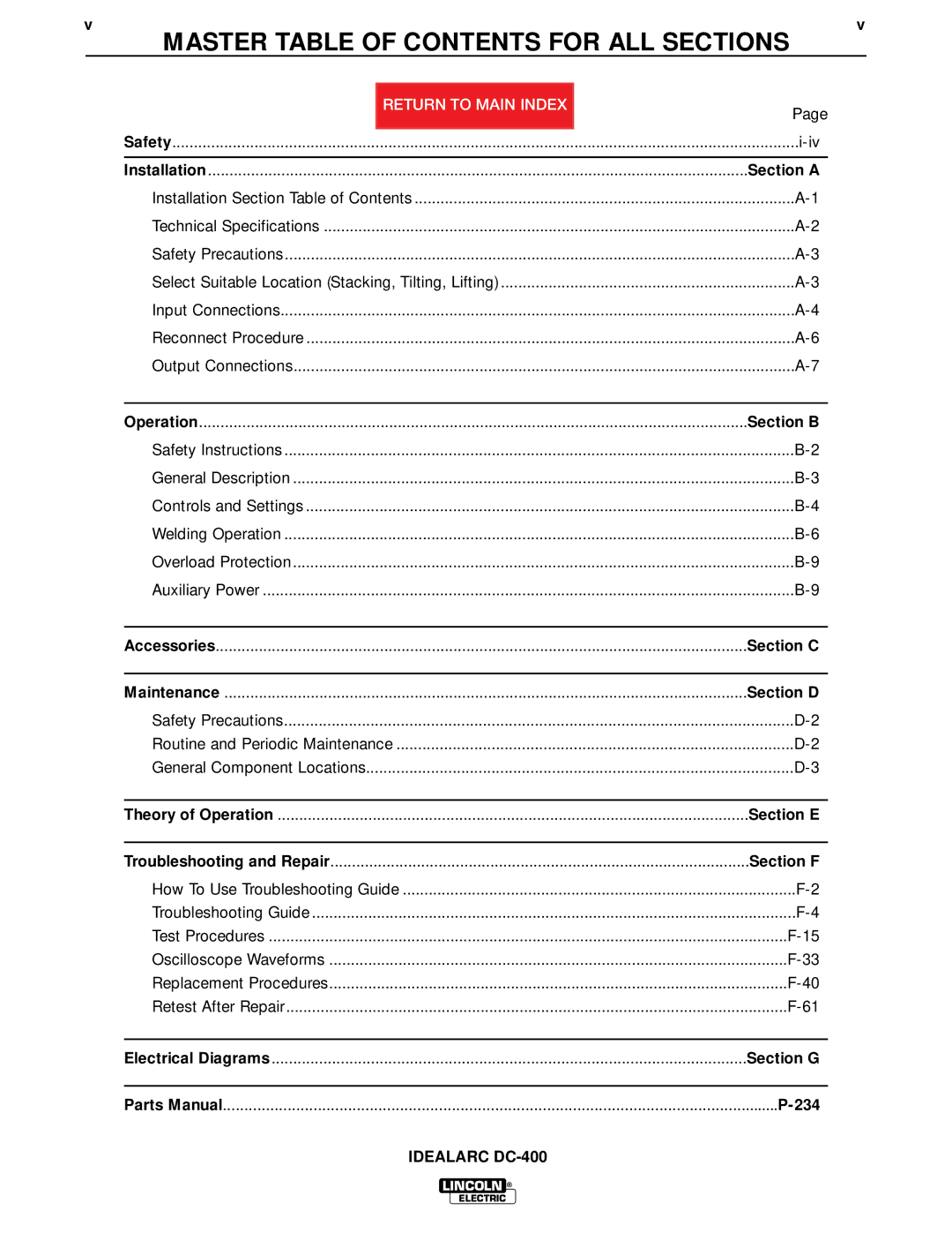 Lincoln Electric SVM 122-A service manual Master Table of Contents for ALL Sections 