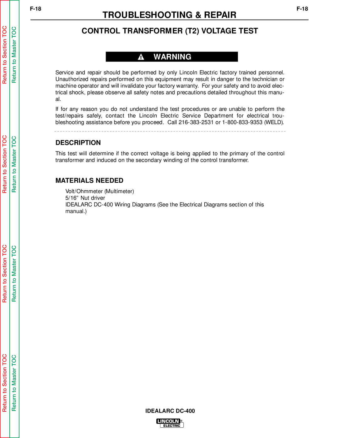 Lincoln Electric SVM 122-A service manual Control Transformer T2 Voltage Test, Description 