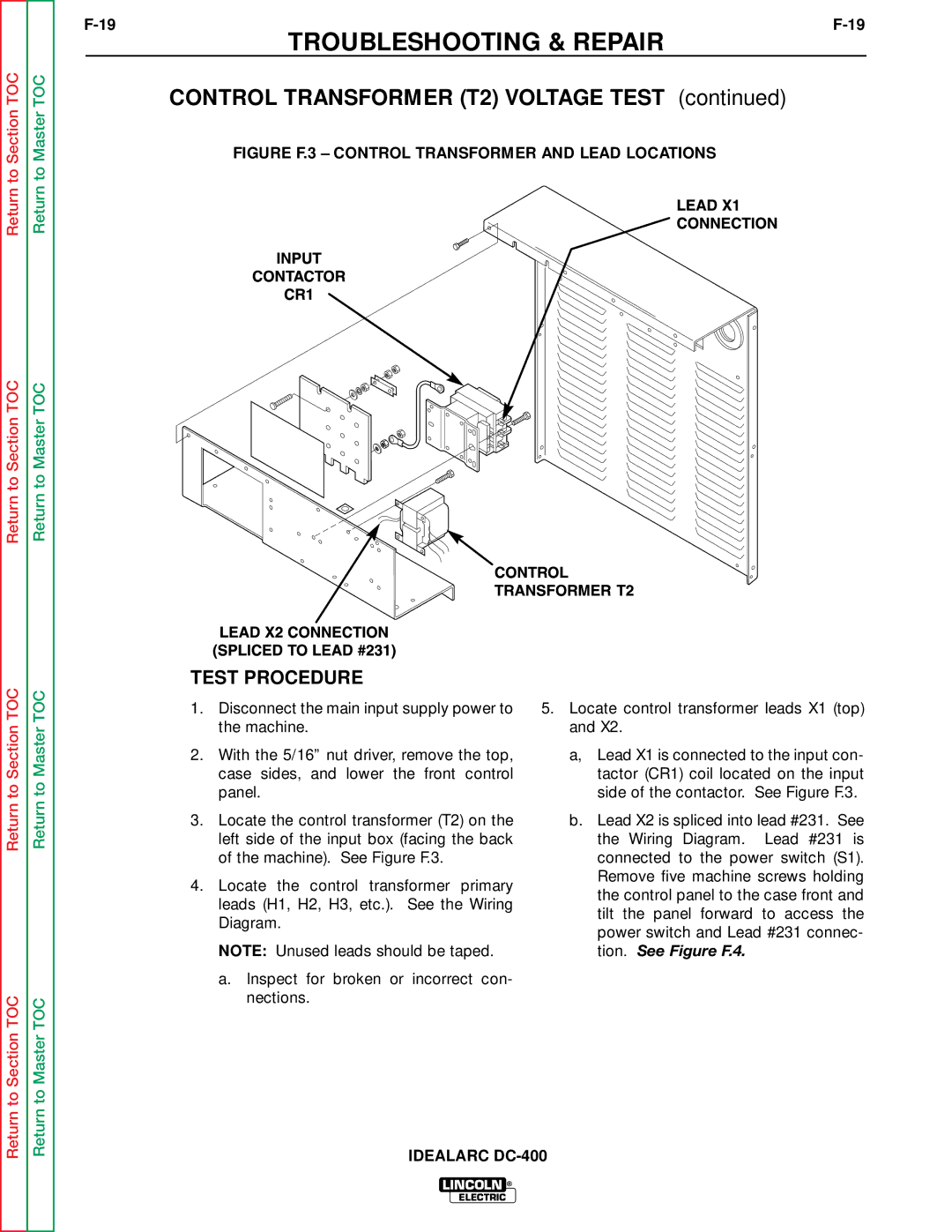 Lincoln Electric SVM 122-A Control Transformer T2 Voltage Test, Figure F.3 Control Transformer and Lead Locations 