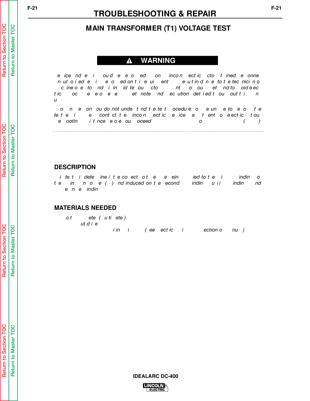 Lincoln Electric SVM 122-A service manual Main Transformer T1 Voltage Test, Description 