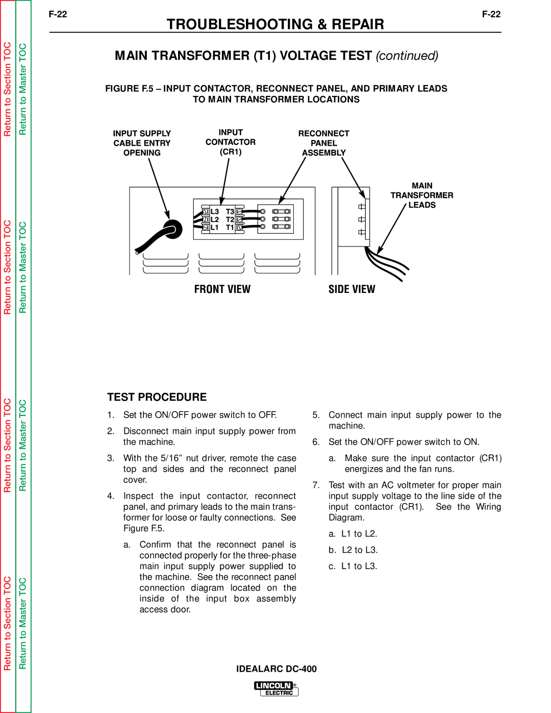 Lincoln Electric SVM 122-A service manual Main Transformer T1 Voltage Test, Test Procedure 