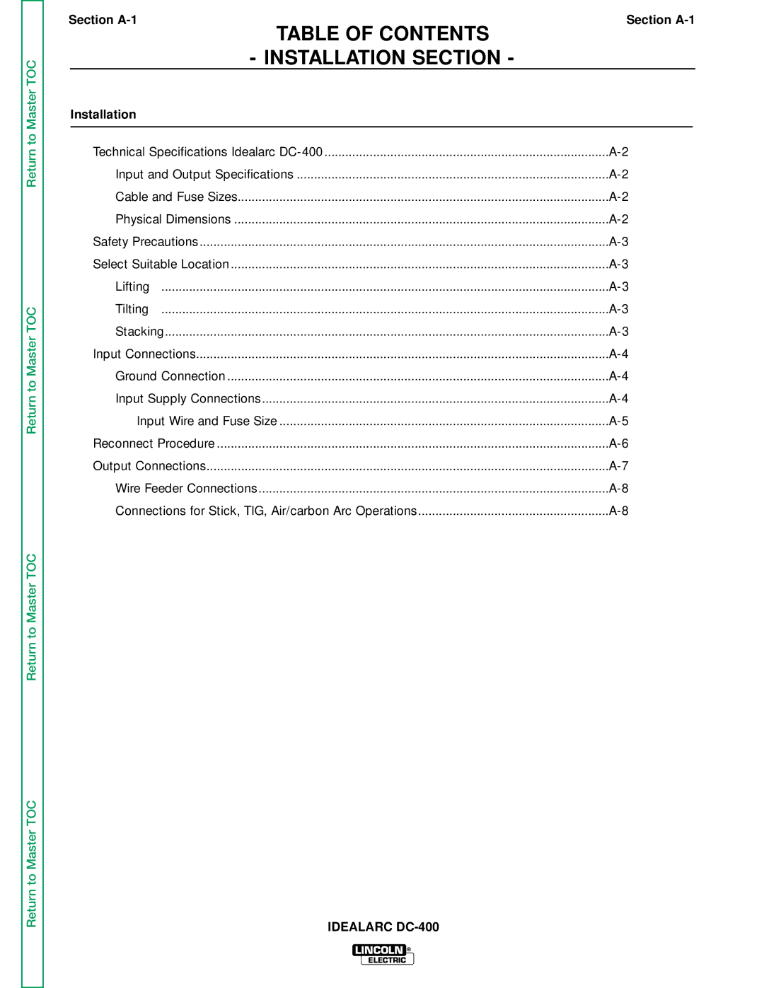 Lincoln Electric SVM 122-A service manual Table of Contents Installation Section 