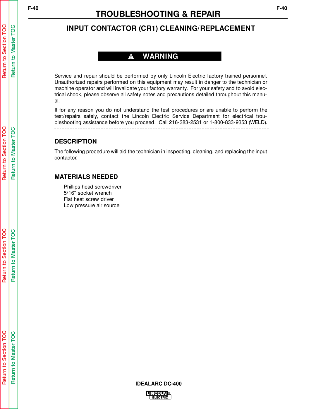 Lincoln Electric SVM 122-A service manual Input Contactor CR1 CLEANING/REPLACEMENT, Description 