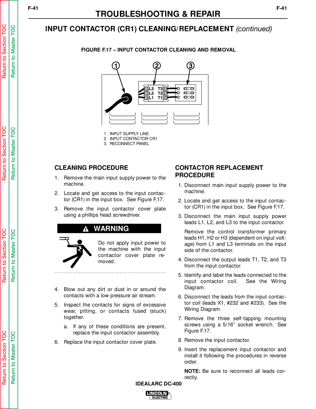 Lincoln Electric SVM 122-A Input Contactor CR1 CLEANING/REPLACEMENT, Cleaning Procedure, Contactor Replacement Procedure 