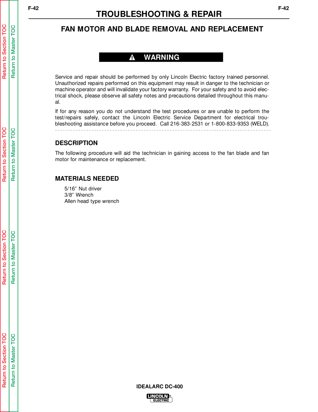 Lincoln Electric SVM 122-A service manual FAN Motor and Blade Removal and Replacement 