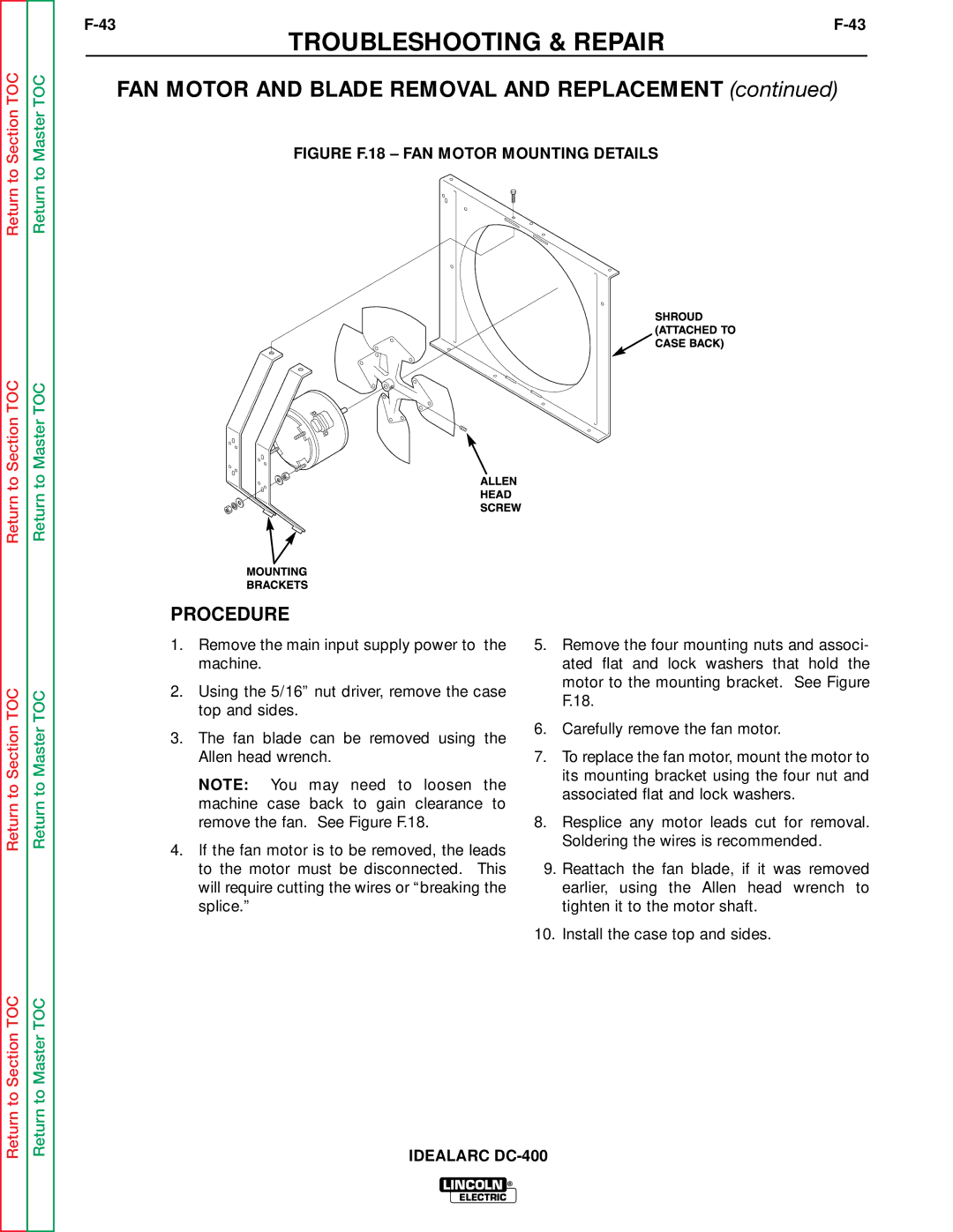 Lincoln Electric SVM 122-A service manual FAN Motor and Blade Removal and Replacement, Procedure 