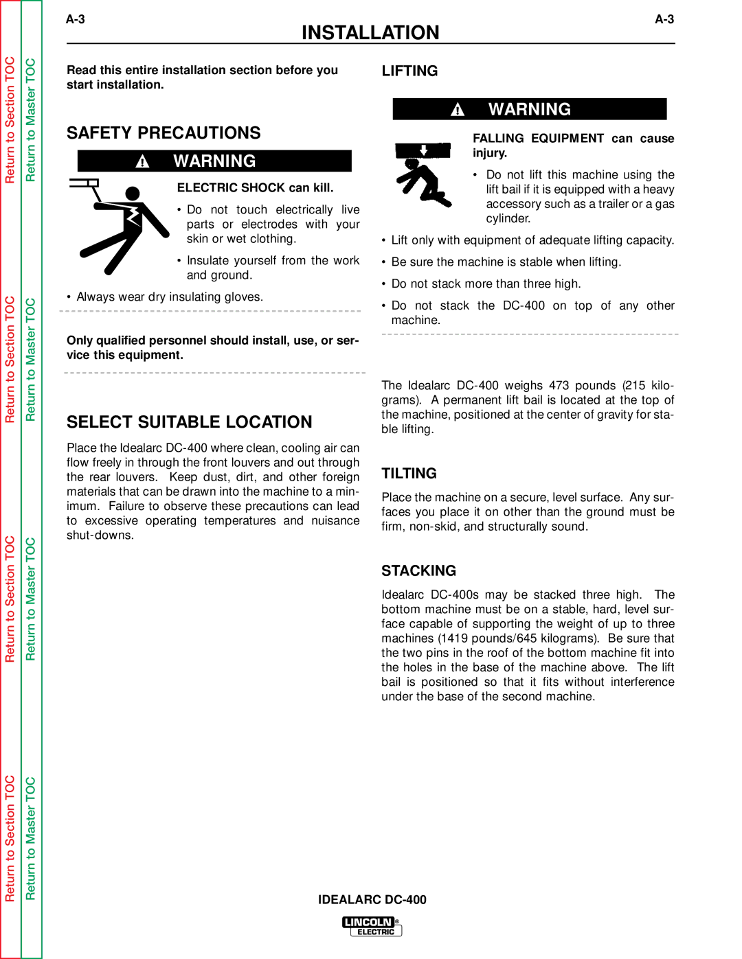 Lincoln Electric SVM 122-A service manual Safety Precautions, Select Suitable Location, Lifting, Tilting, Stacking 