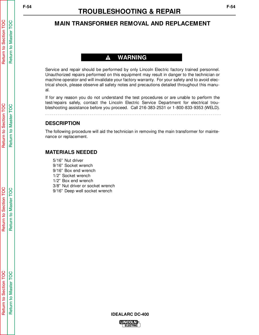 Lincoln Electric SVM 122-A service manual Main Transformer Removal and Replacement 