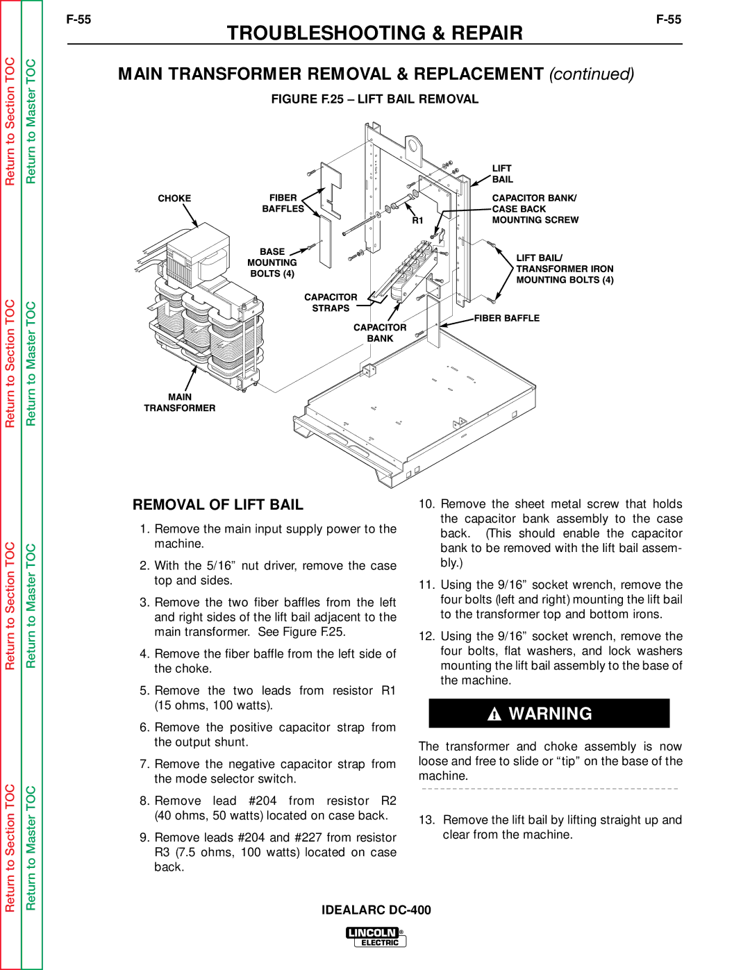 Lincoln Electric SVM 122-A service manual Main Transformer Removal & Replacement, Removal of Lift Bail 