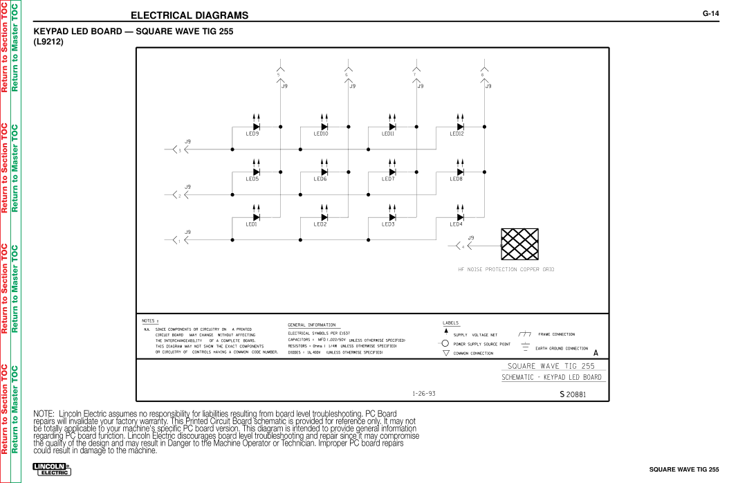 Lincoln Electric SVM100-A service manual Keypad LED Board Square Wave TIG 255 L9212 