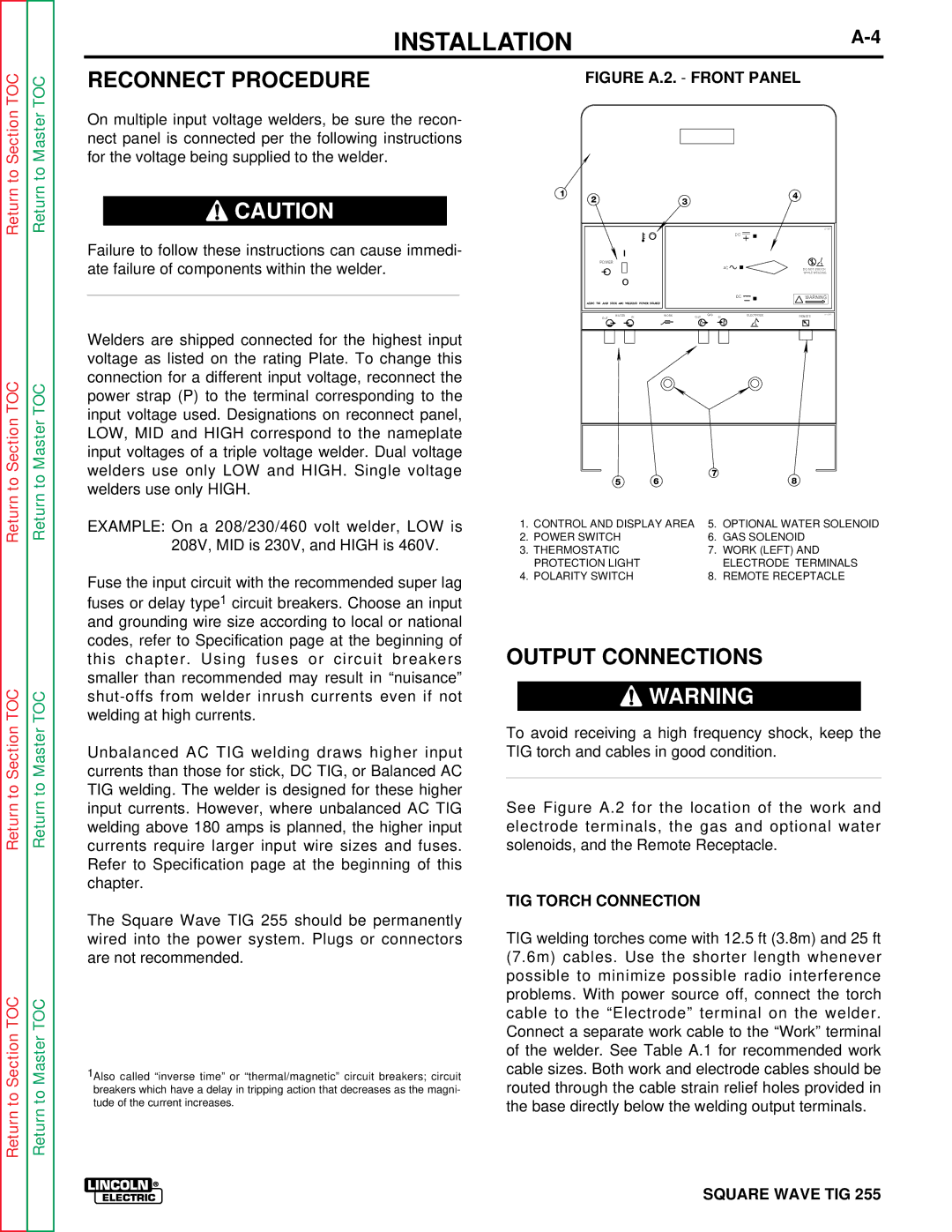 Lincoln Electric SVM100-A service manual Reconnect Procedure, Output Connections, TIG Torch Connection 