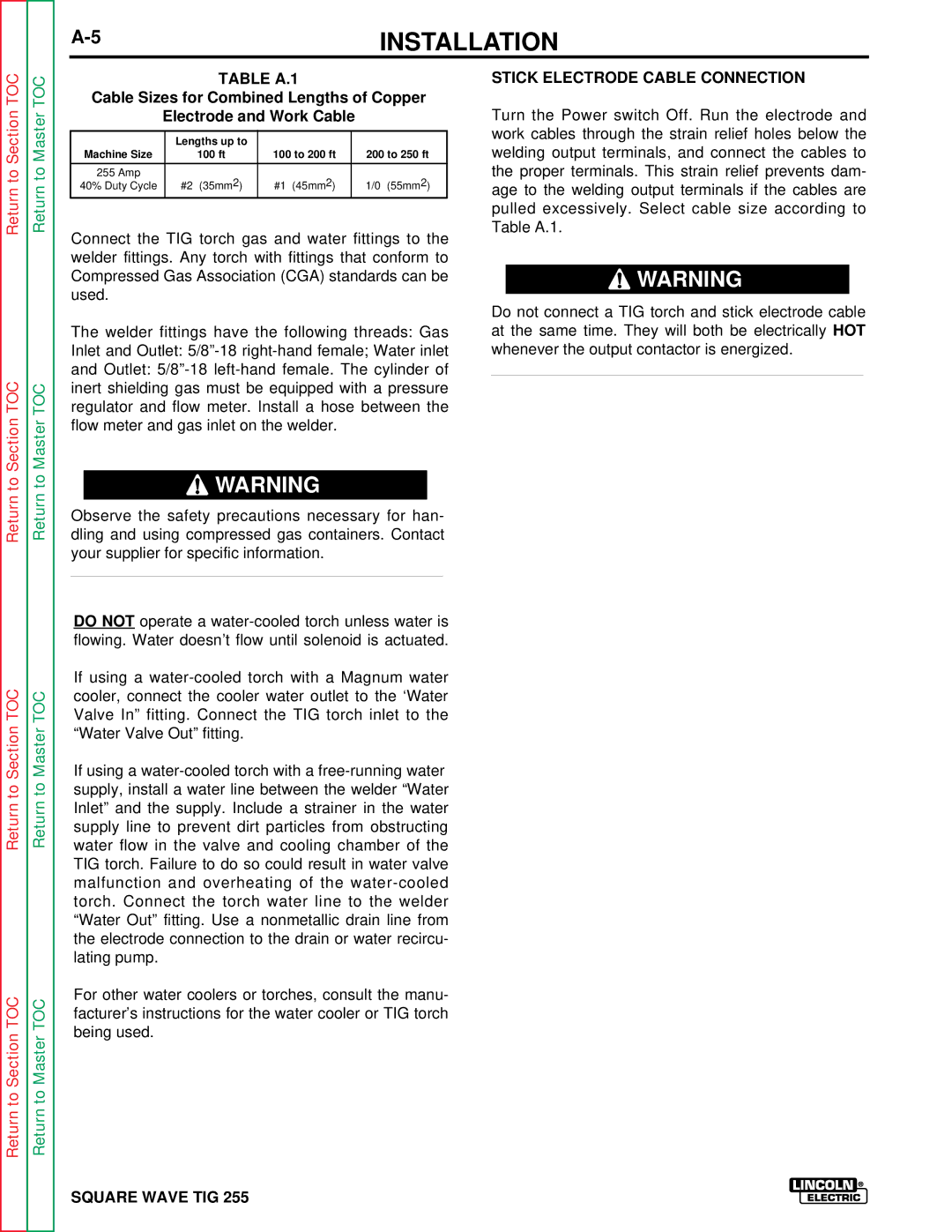 Lincoln Electric SVM100-A service manual Table A.1, Stick Electrode Cable Connection 