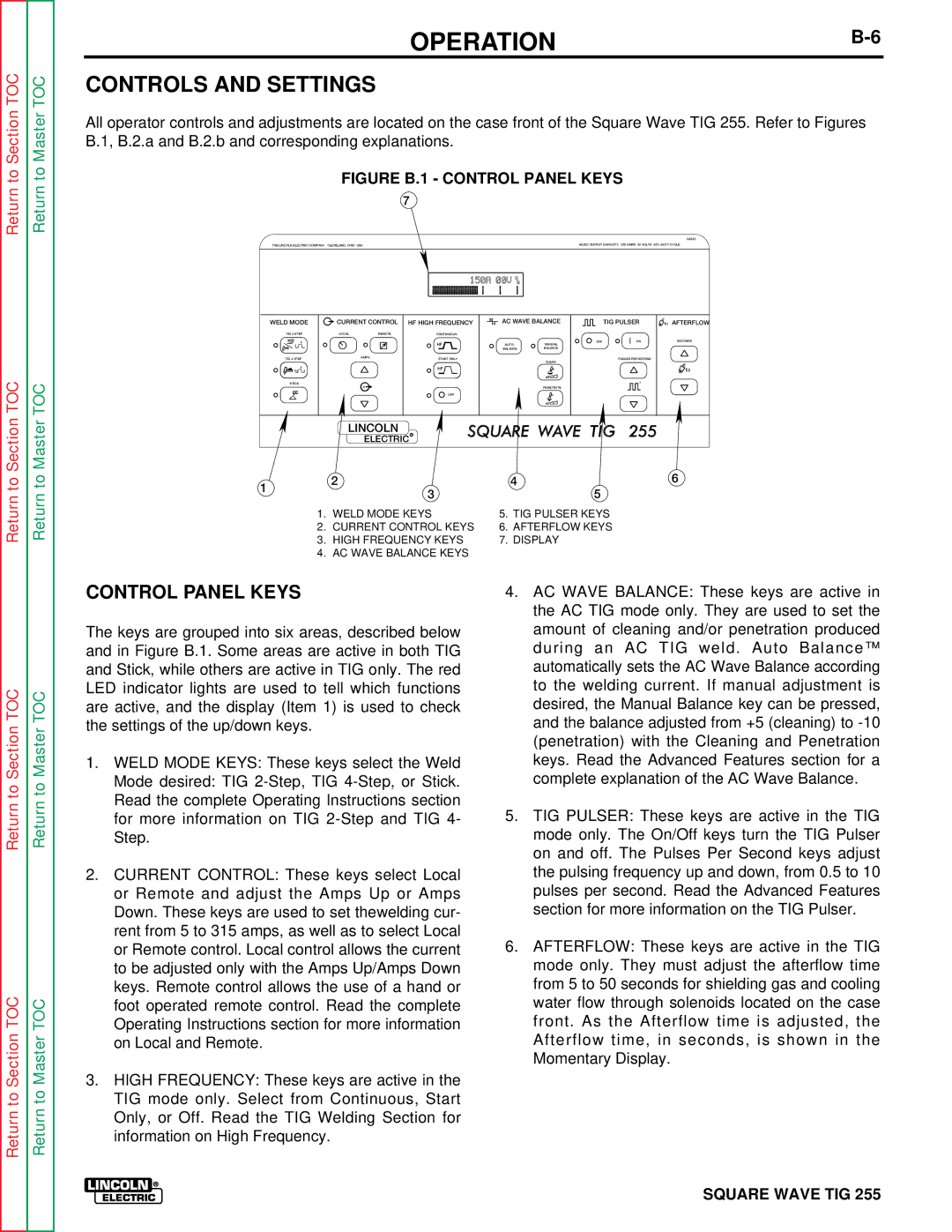 Lincoln Electric SVM100-A service manual Controls and Settings, Control Panel Keys 