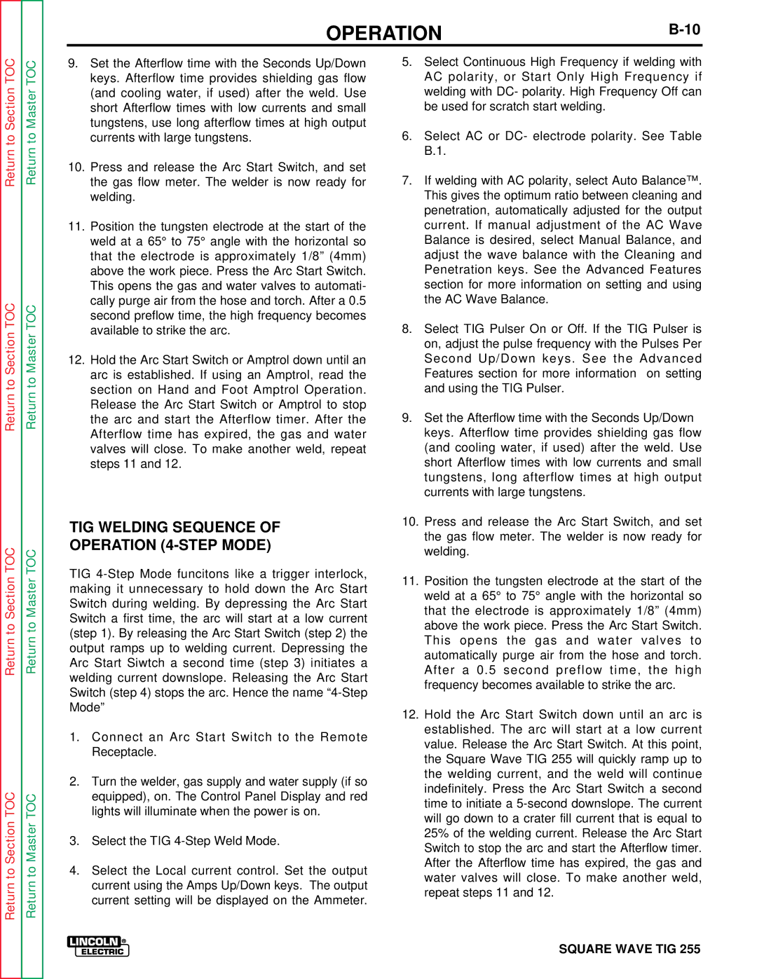 Lincoln Electric SVM100-A service manual TIG Welding Sequence Operation 4-STEP Mode 