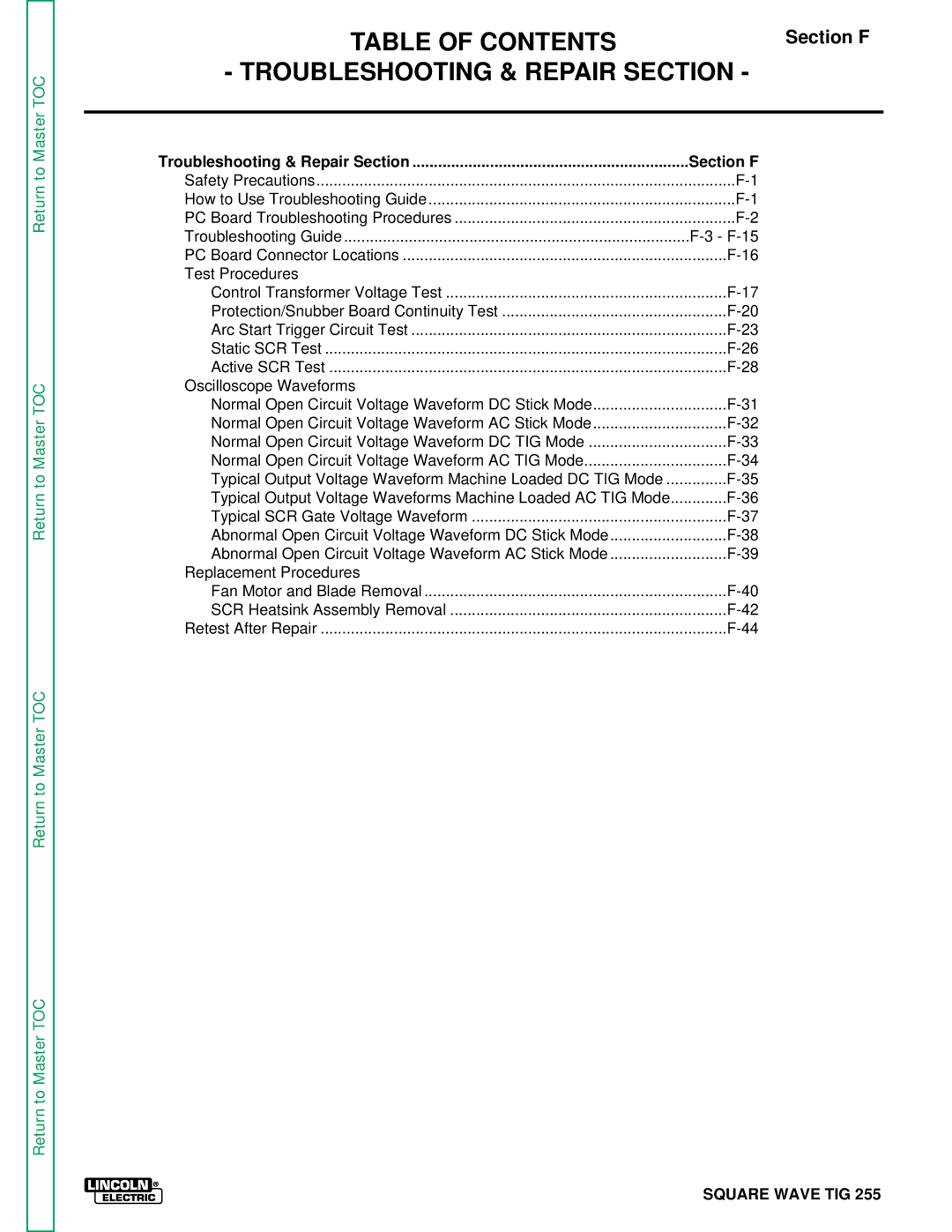 Lincoln Electric SVM100-A service manual Table of Contents, Troubleshooting & Repair Section 