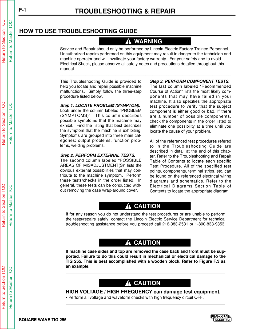 Lincoln Electric SVM100-A service manual 1TROUBLESHOOTING & Repair, HOW to USE Troubleshooting Guide 