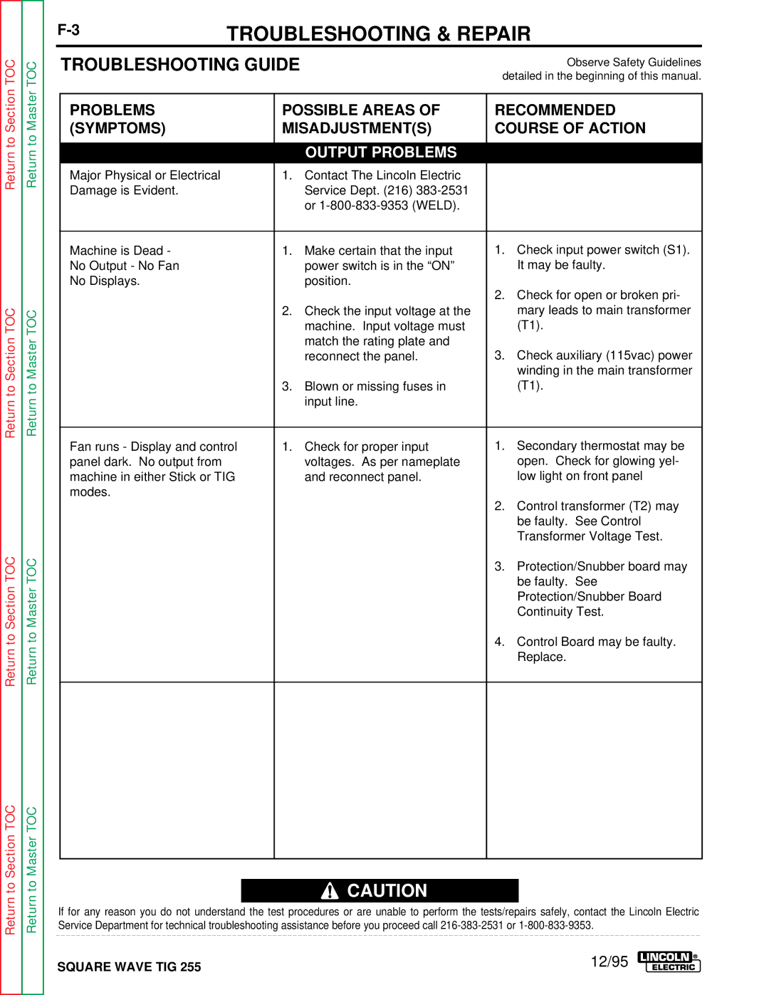 Lincoln Electric SVM100-A service manual Troubleshooting Guide, Output Problems 