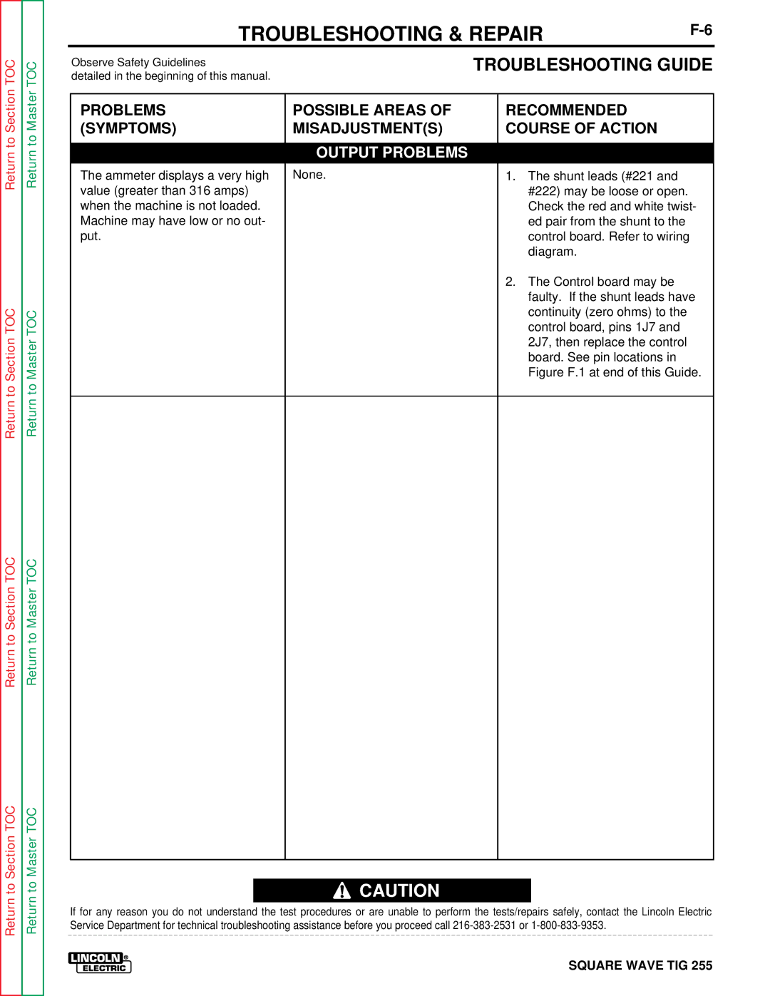 Lincoln Electric SVM100-A service manual Problems Symptoms, Possible Areas of Misadjustments, Recommended Course of Action 