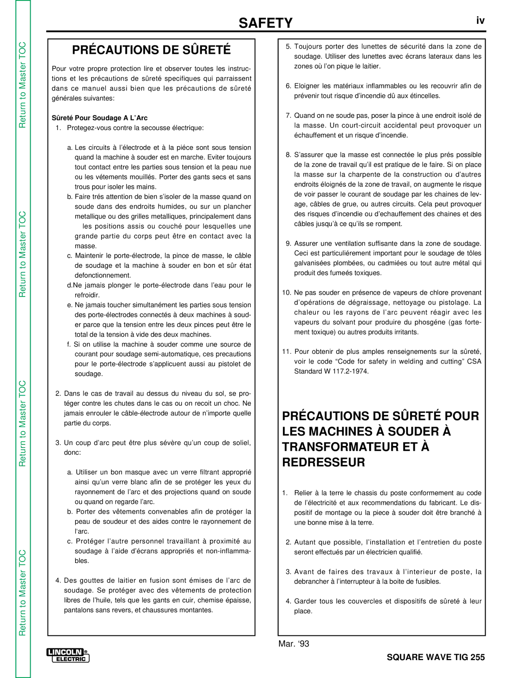 Lincoln Electric SVM100-A service manual Précautions DE Sûreté, Sûreté Pour Soudage a L’Arc 