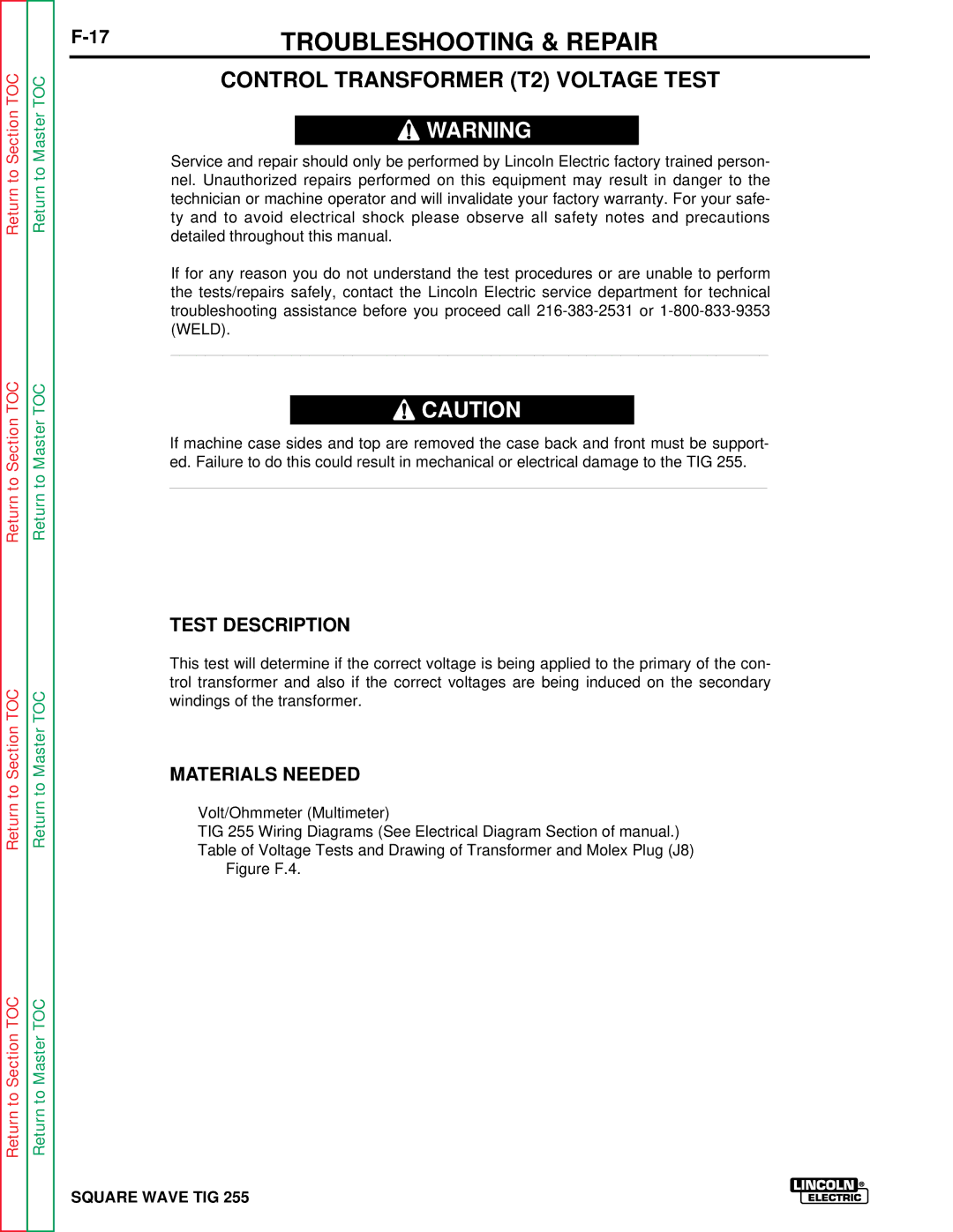 Lincoln Electric SVM100-A service manual Control Transformer T2 Voltage Test, Test Description, Materials Needed 